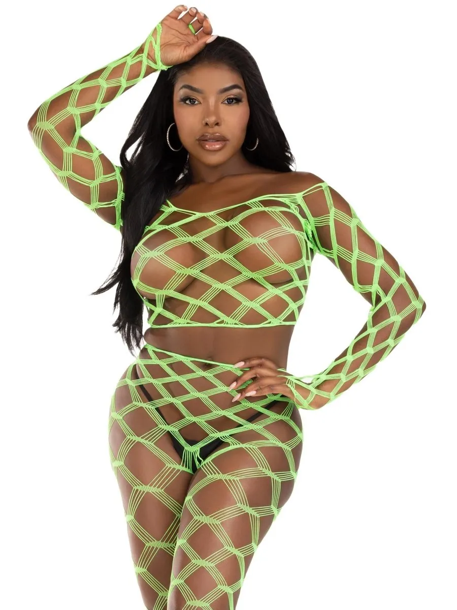 2 Pc Net Crop Top and Footless Tights - One Size - Neon Green