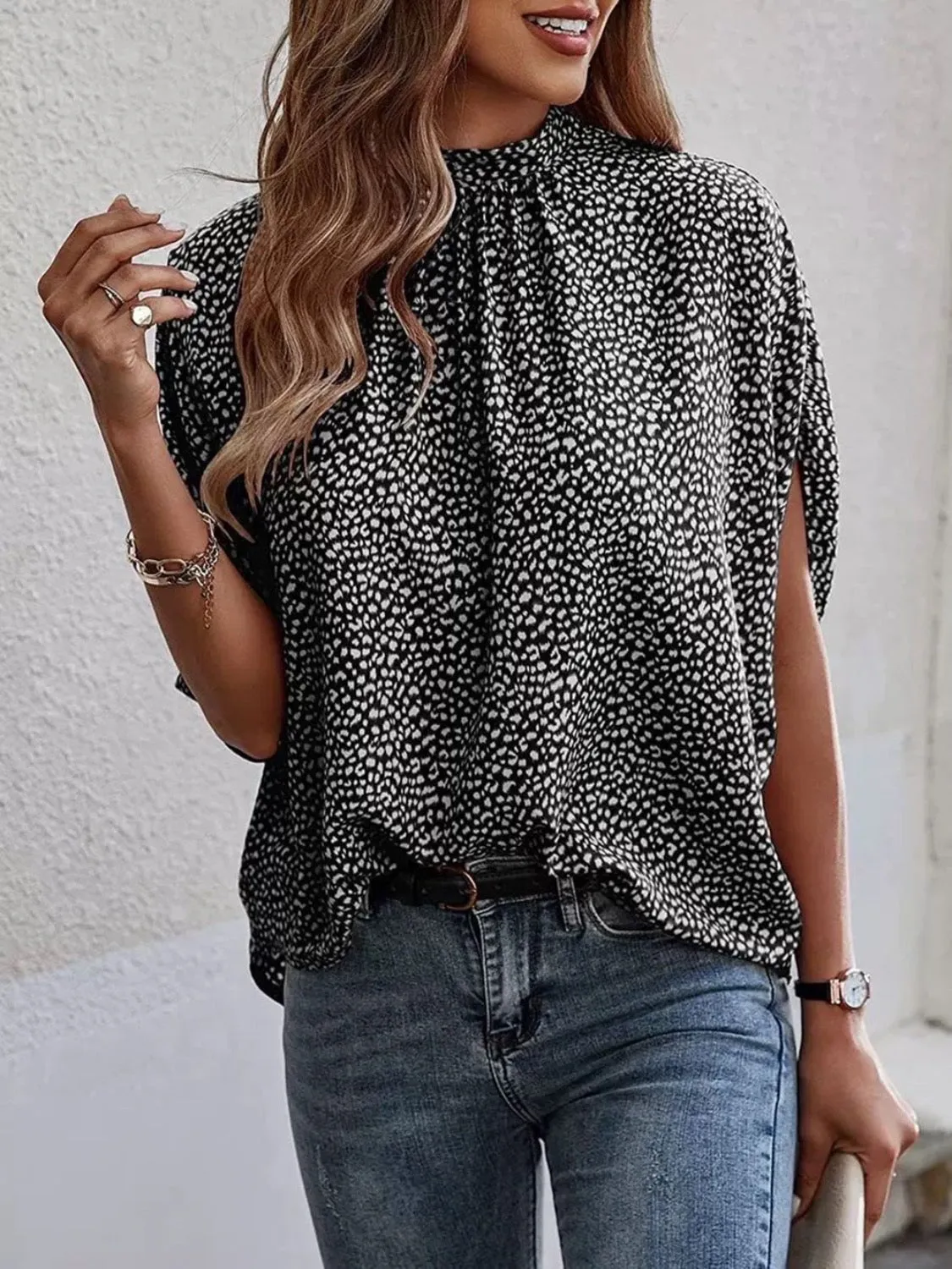 Animal Print Mock Neck Blouse