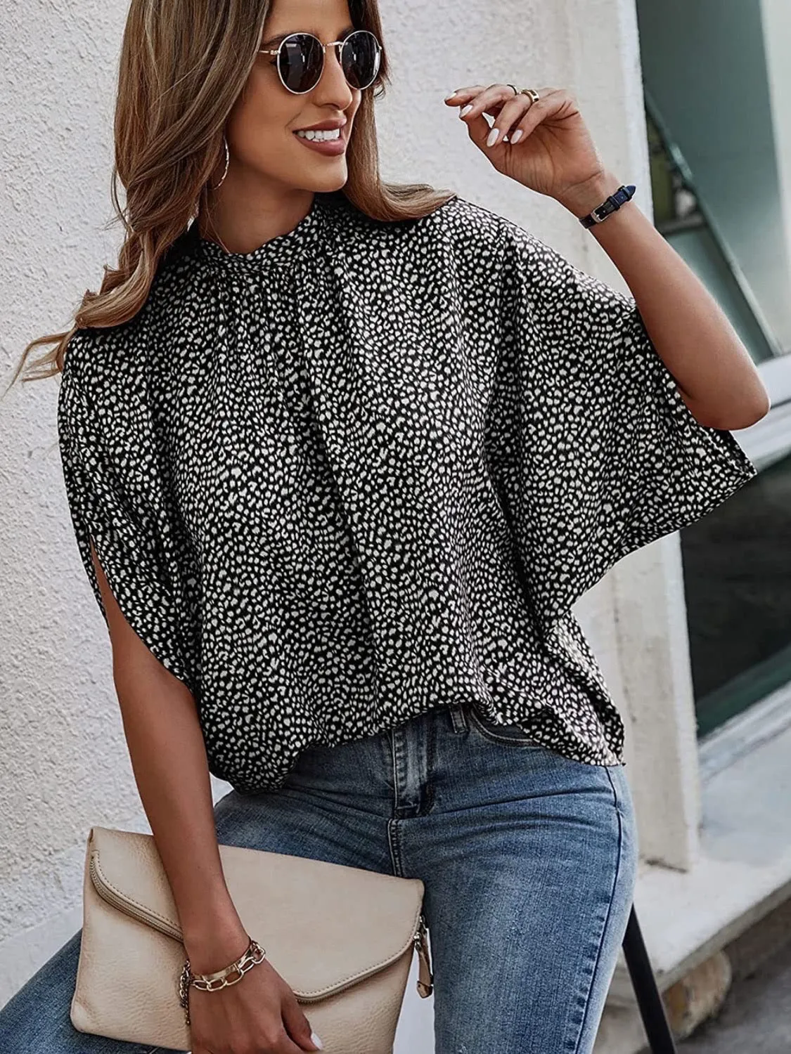 Animal Print Mock Neck Blouse