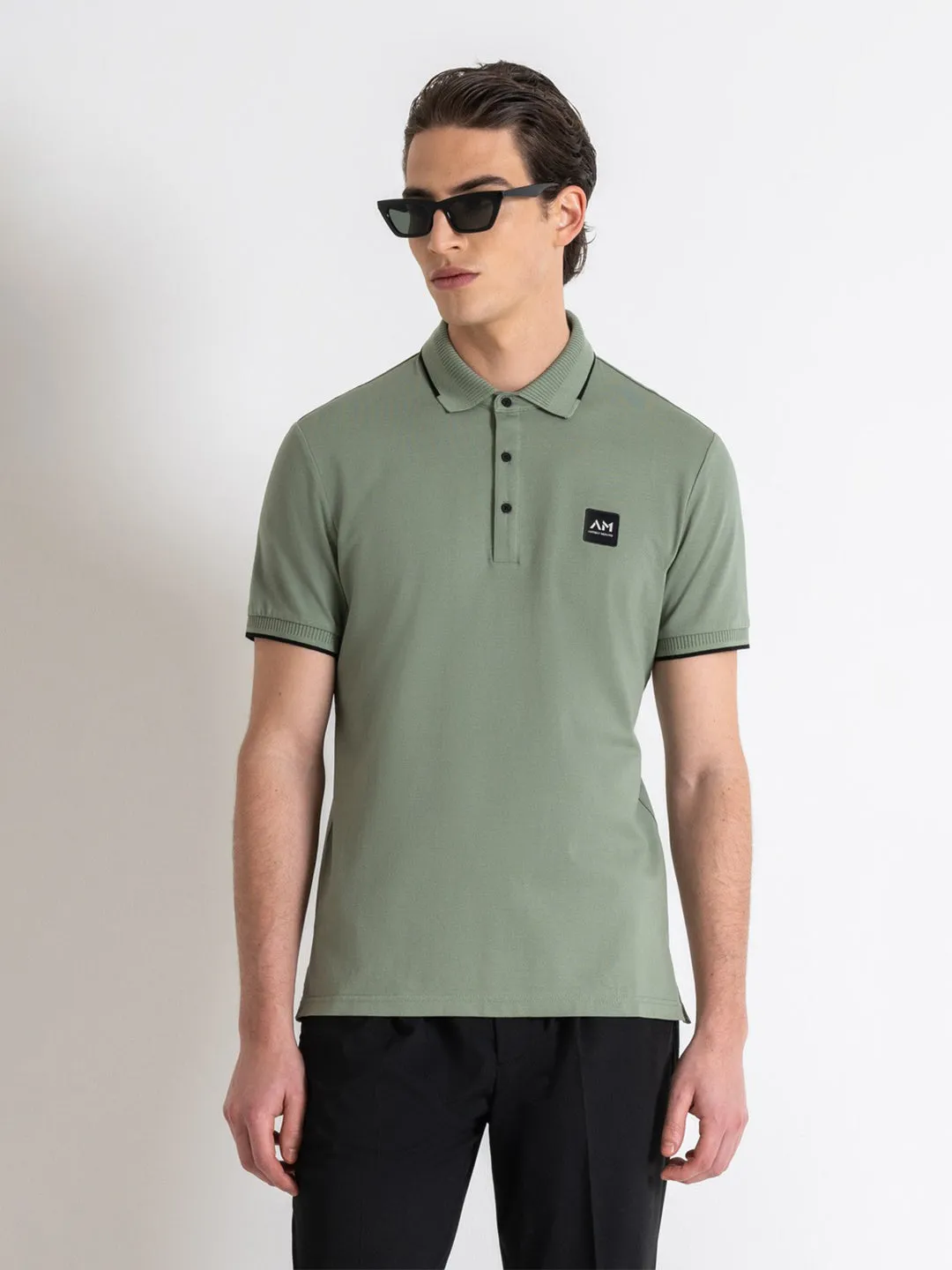 Antony Morato Men Green Solid Collared Short Sleeves Polo T-shirt