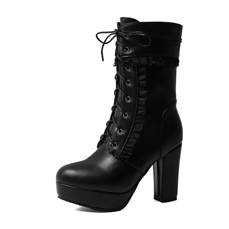 Autumn Winter Short Boots For Women High Hoof Heels Ankle Strap Buckles Female Ankle Boots