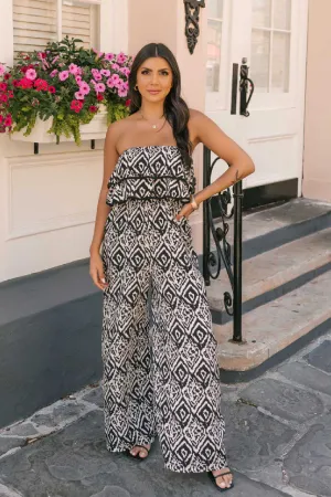 Black Strapless Print Ruffled Jumpsuit - FINAL SALE