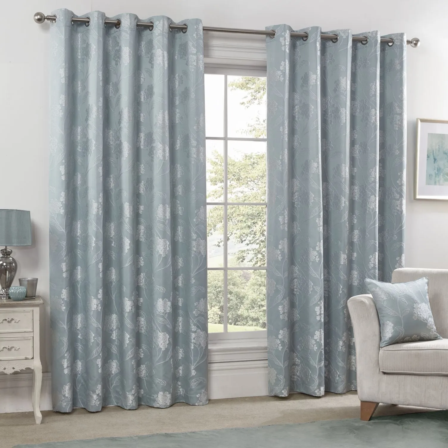 Blossom Duck Egg Lined Eyelet Jacquard Curtains