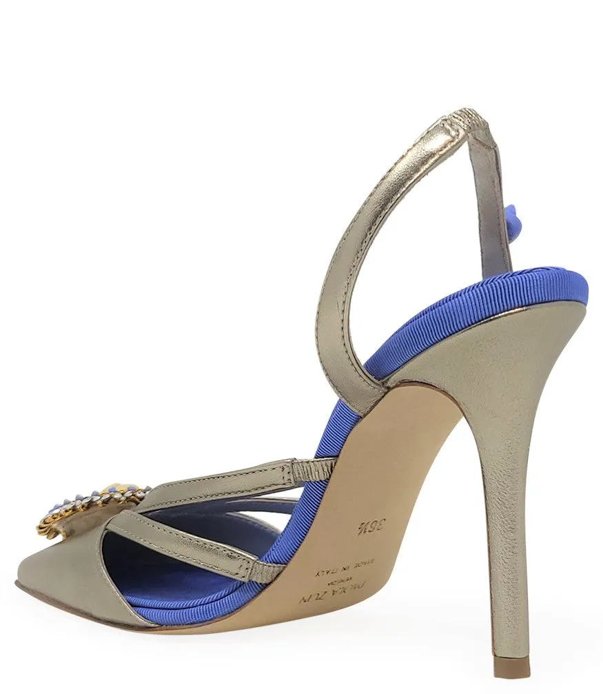 Blue Gold Leather Cameo High Heel Slingback