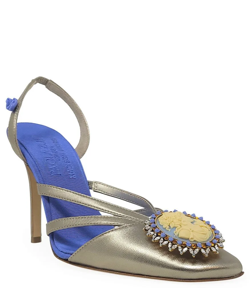 Blue Gold Leather Cameo High Heel Slingback