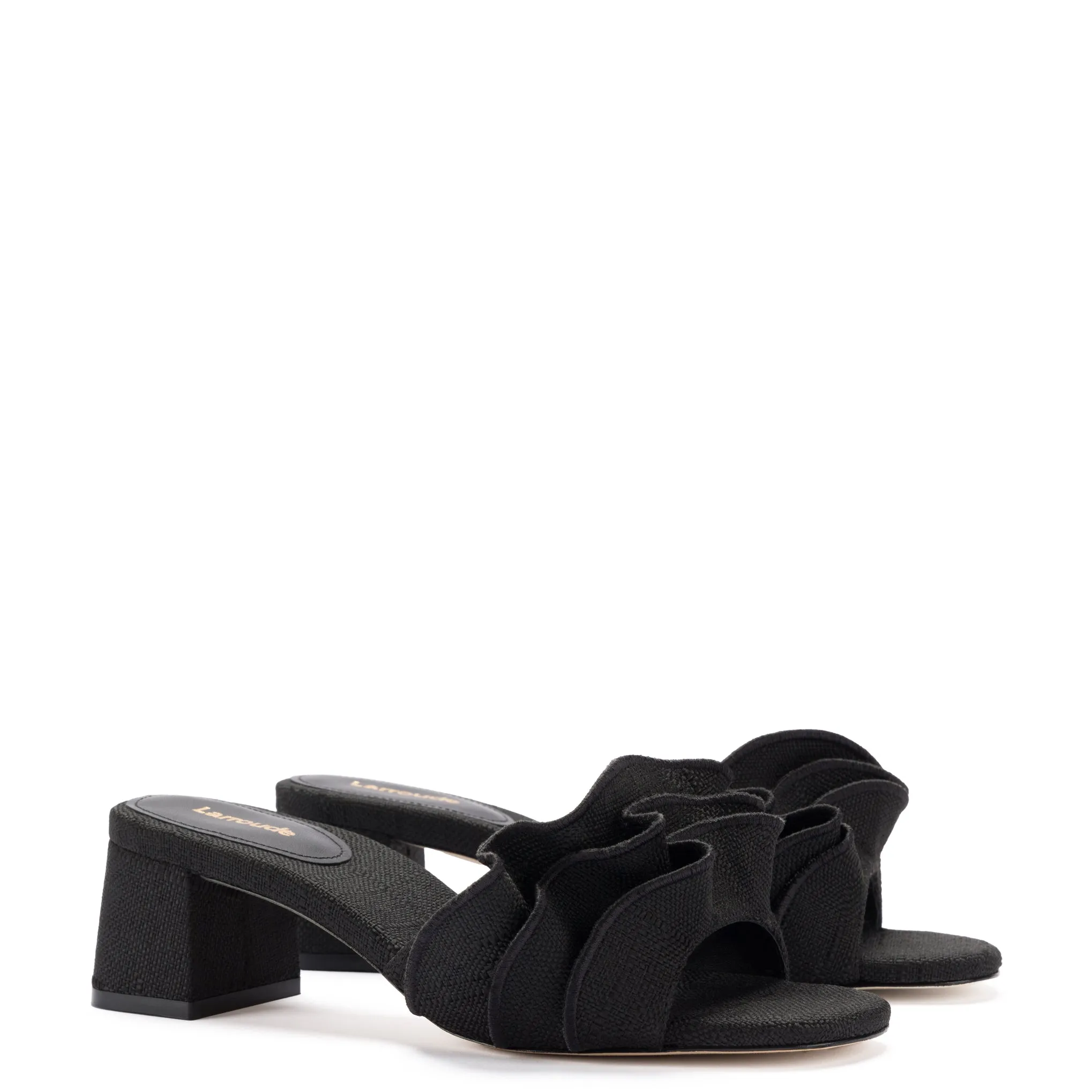 Brigitte Ruffle Mule In Black Raffia