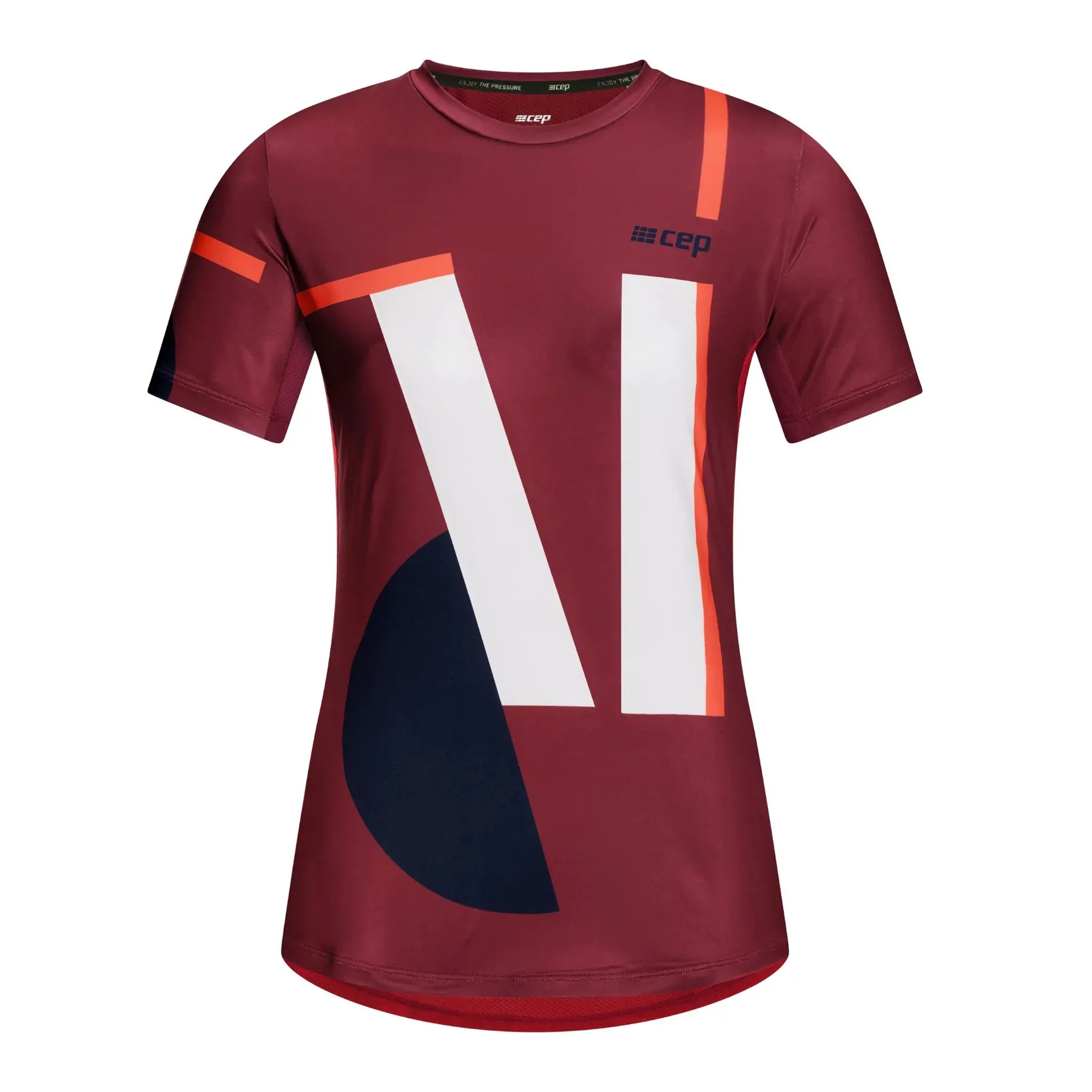 CEP Women's The Run Shirt Round Neck Short Sleeve v5 - Dark Red/Geometrics