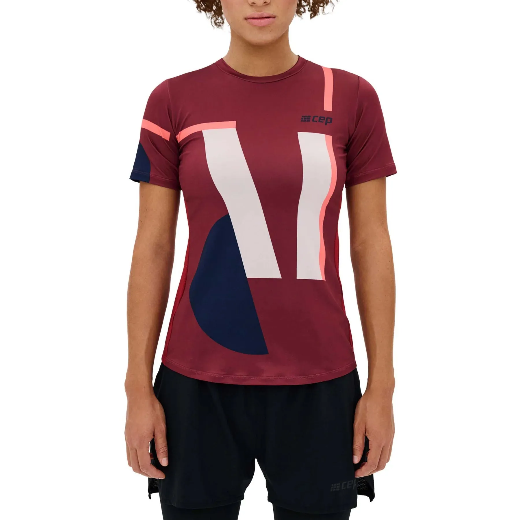 CEP Women's The Run Shirt Round Neck Short Sleeve v5 - Dark Red/Geometrics