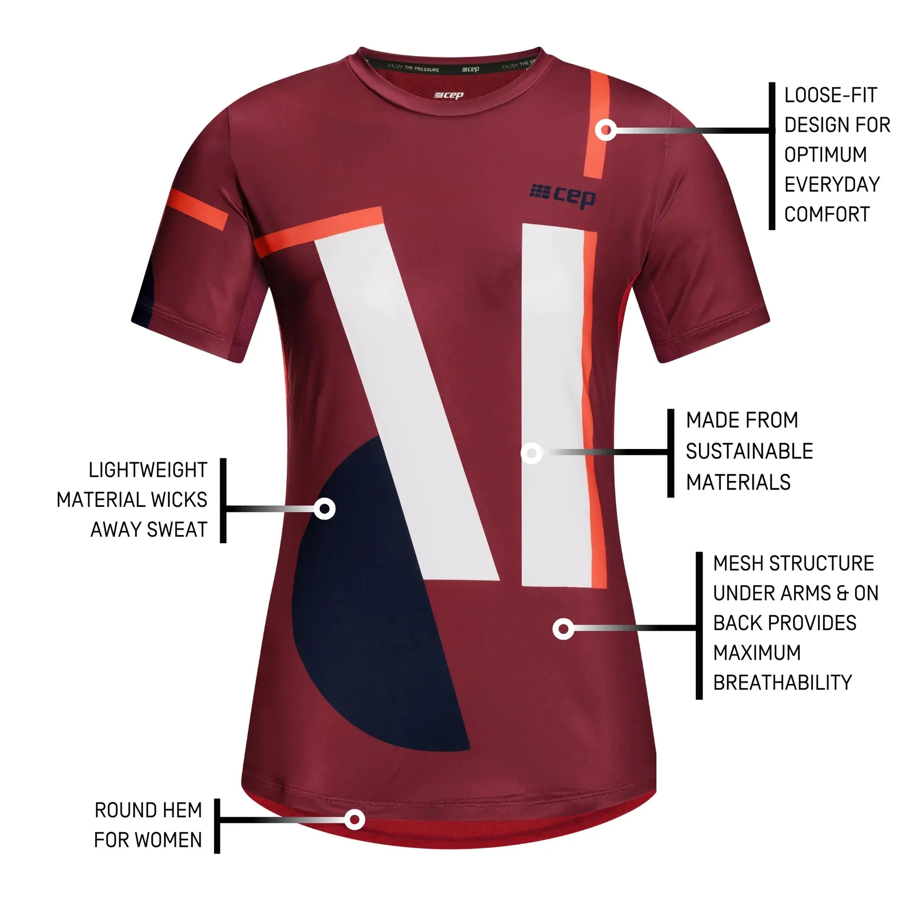 CEP Women's The Run Shirt Round Neck Short Sleeve v5 - Dark Red/Geometrics