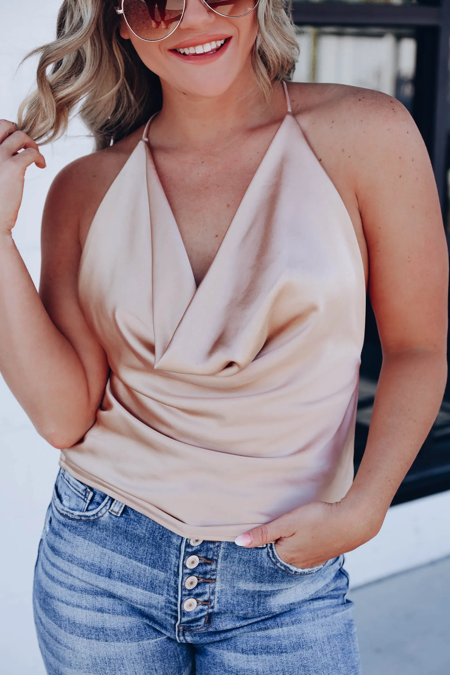 Charlise Cowl Neck Halter Top - Champagne - Final Sale