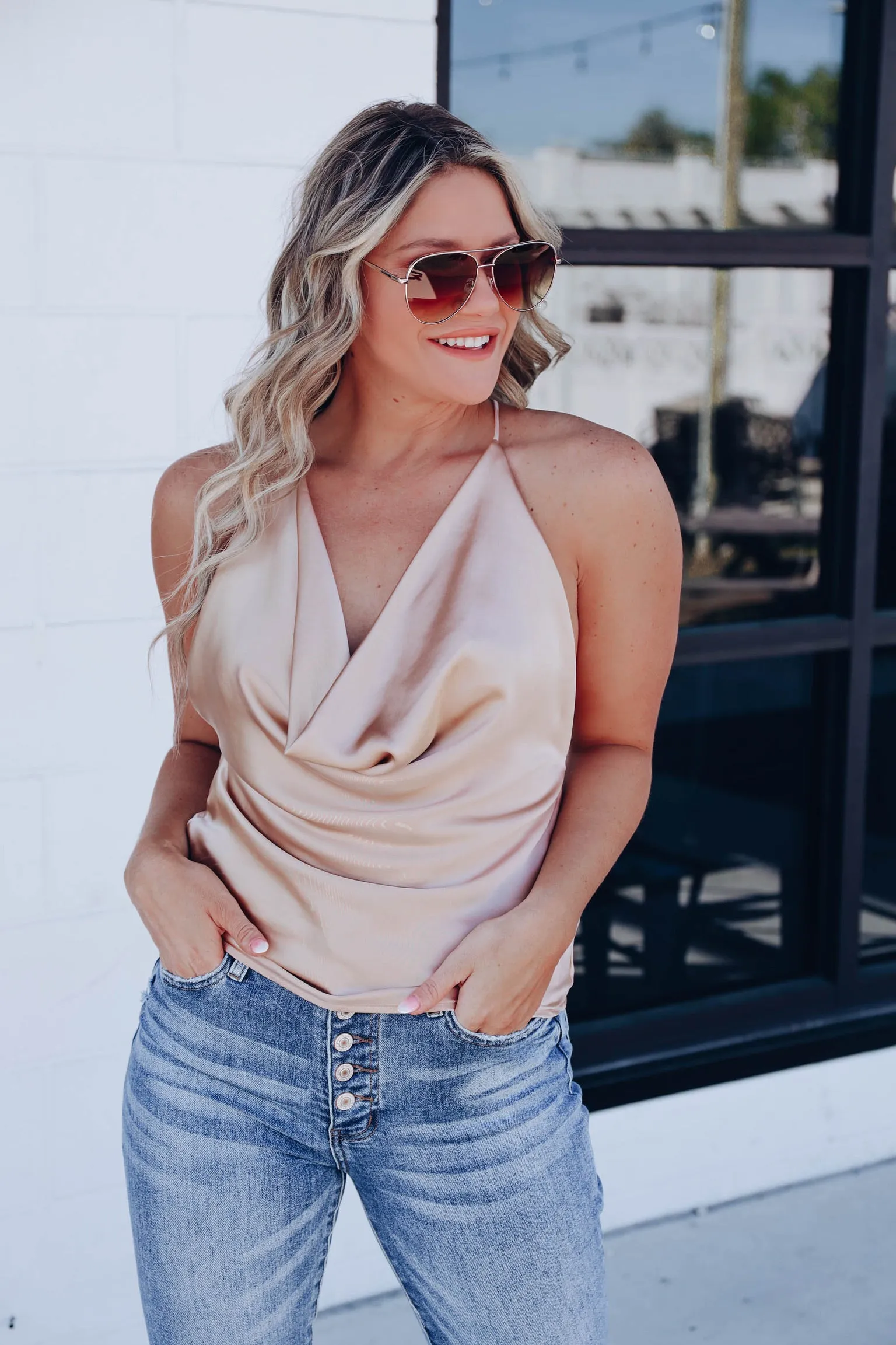 Charlise Cowl Neck Halter Top - Champagne - Final Sale