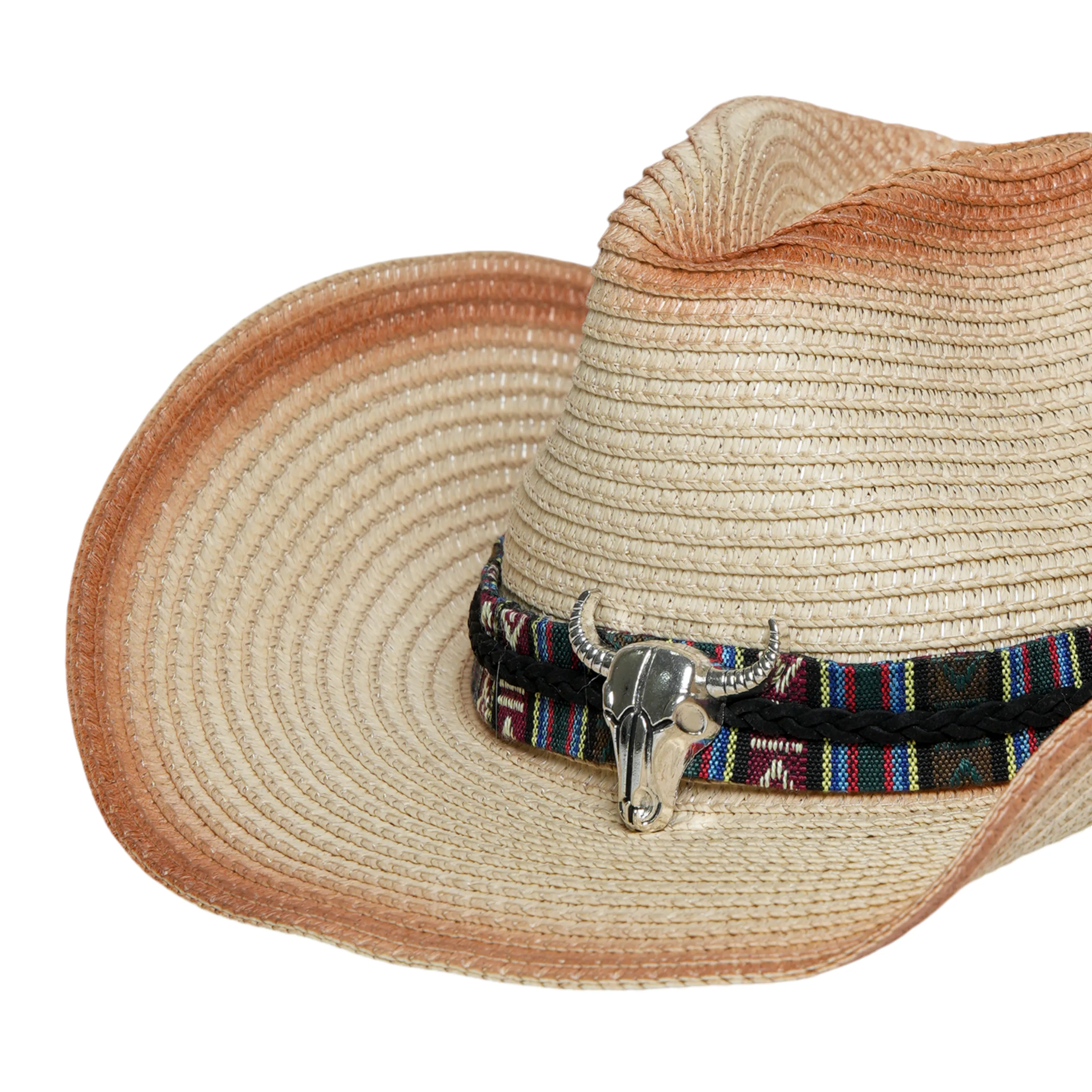 Chokore Ombre Straw Cowboy Hat with Bull Head Belt (Light Brown)