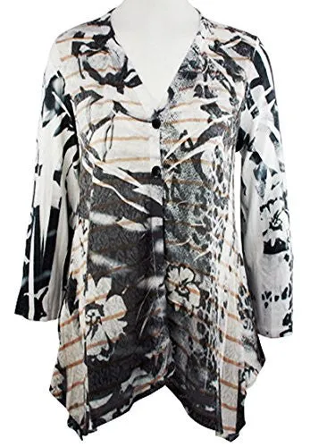 Cubism - Floral Stripes, Two Button Hanky Bottom Burnout Cardigan Top