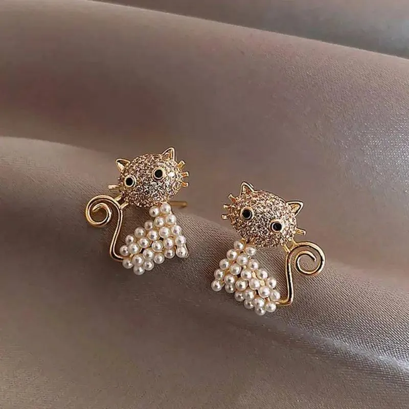 Cute Animal Earrings with Pearls and Rhinestones for Playful Style