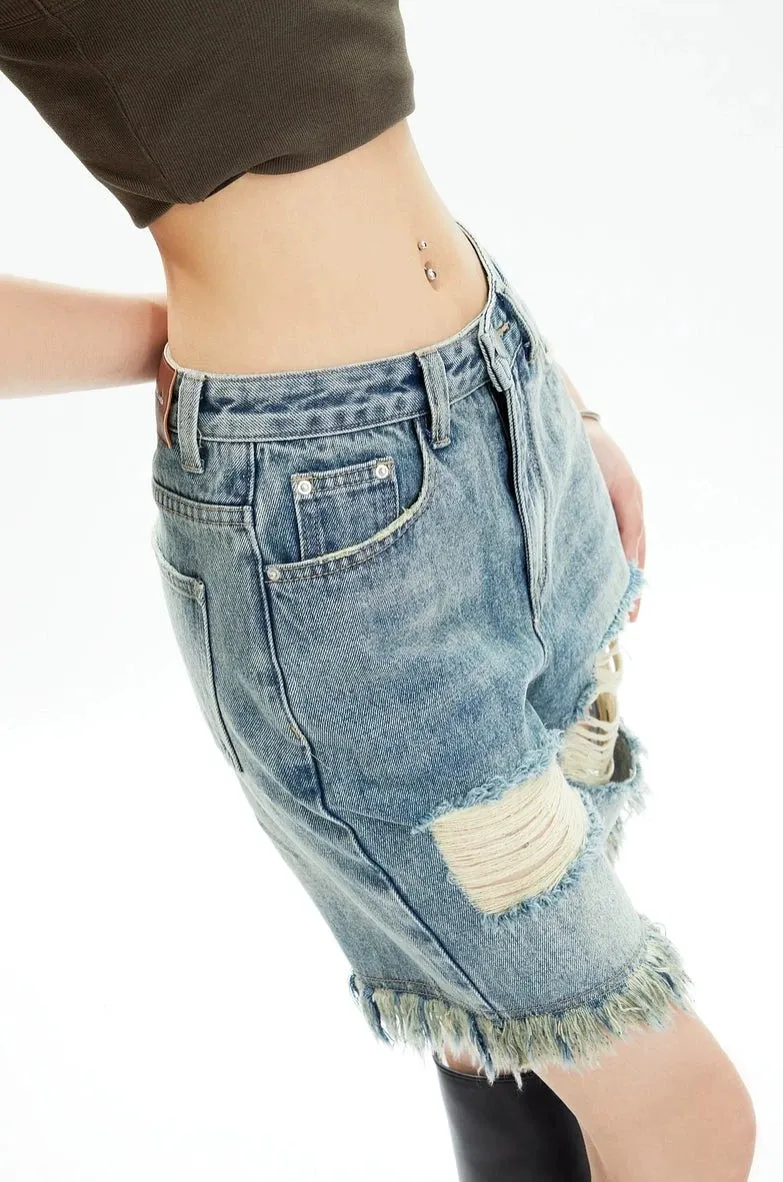 Distressed Denim Bermuda Shorts with Frayed Hem