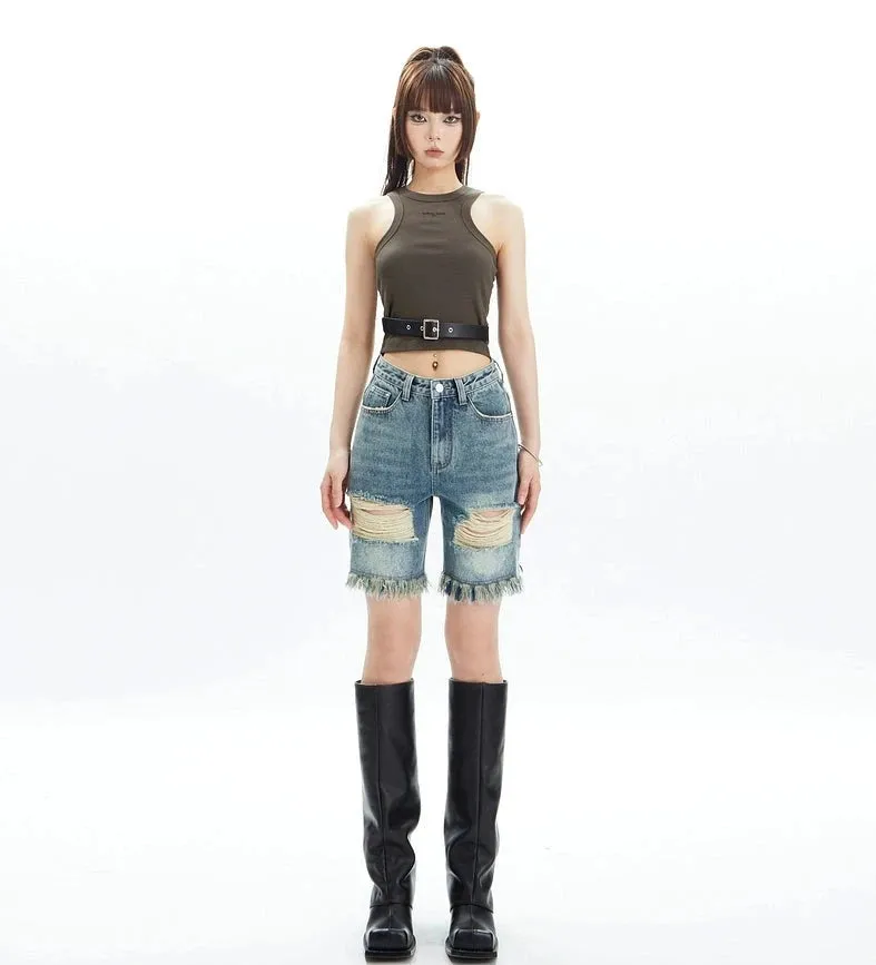 Distressed Denim Bermuda Shorts with Frayed Hem