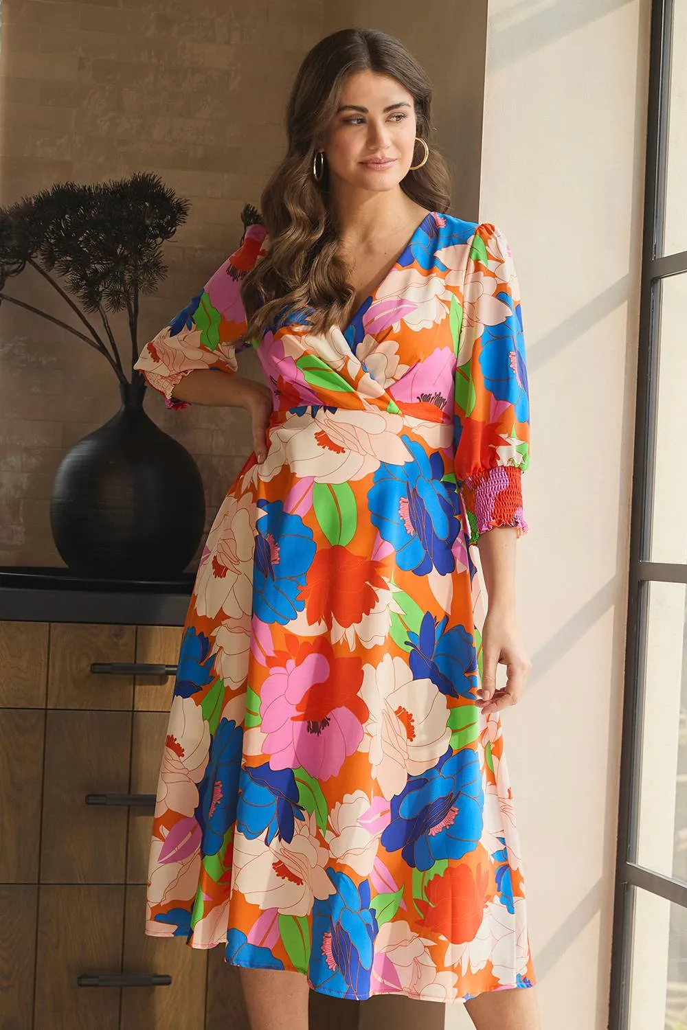 Floral 3/4 Sleeve Midi Dress