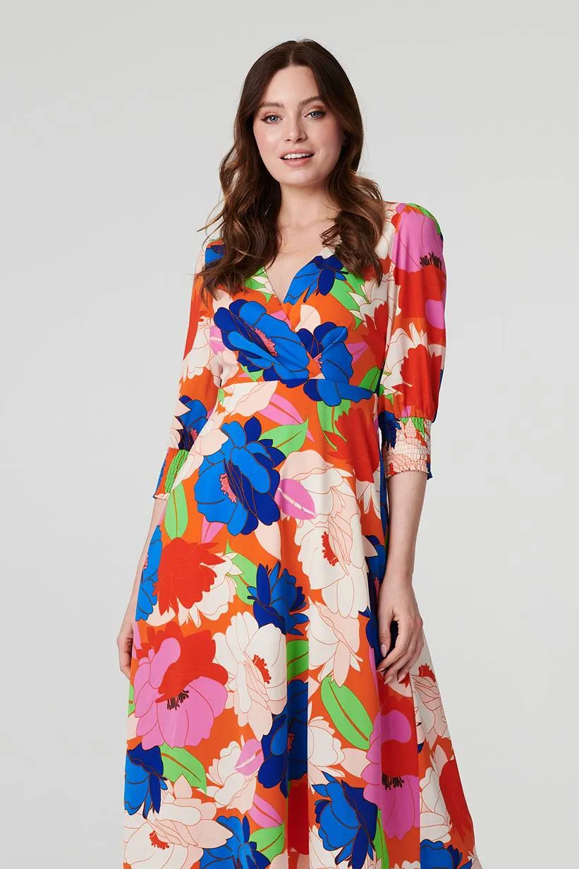 Floral 3/4 Sleeve Midi Dress