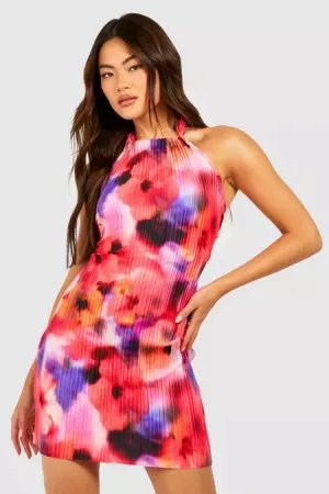 Floral Plisse Halterneck Mini Dress