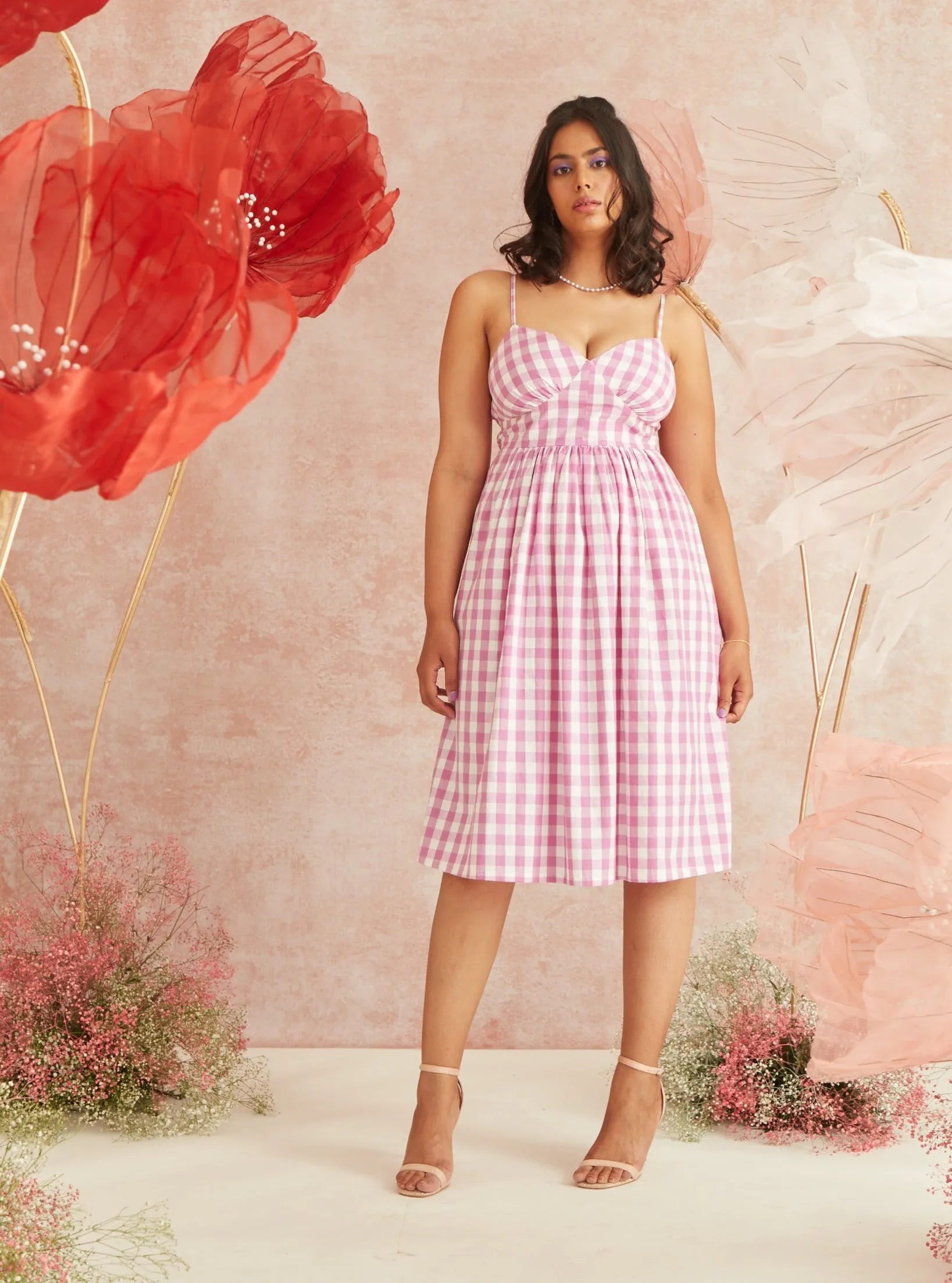 Georgie Pink Gingham Strappy Midi Dress