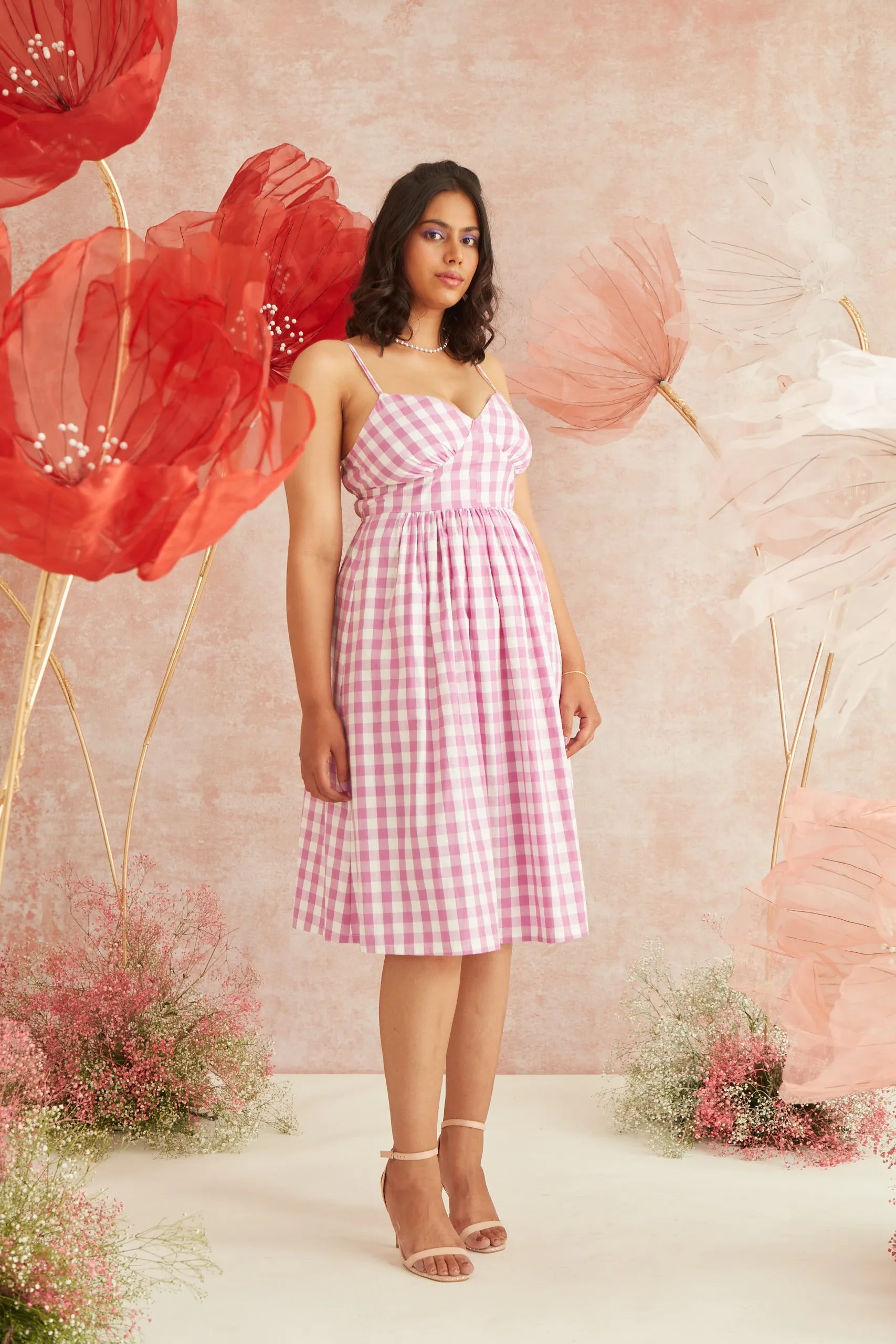 Georgie Pink Gingham Strappy Midi Dress