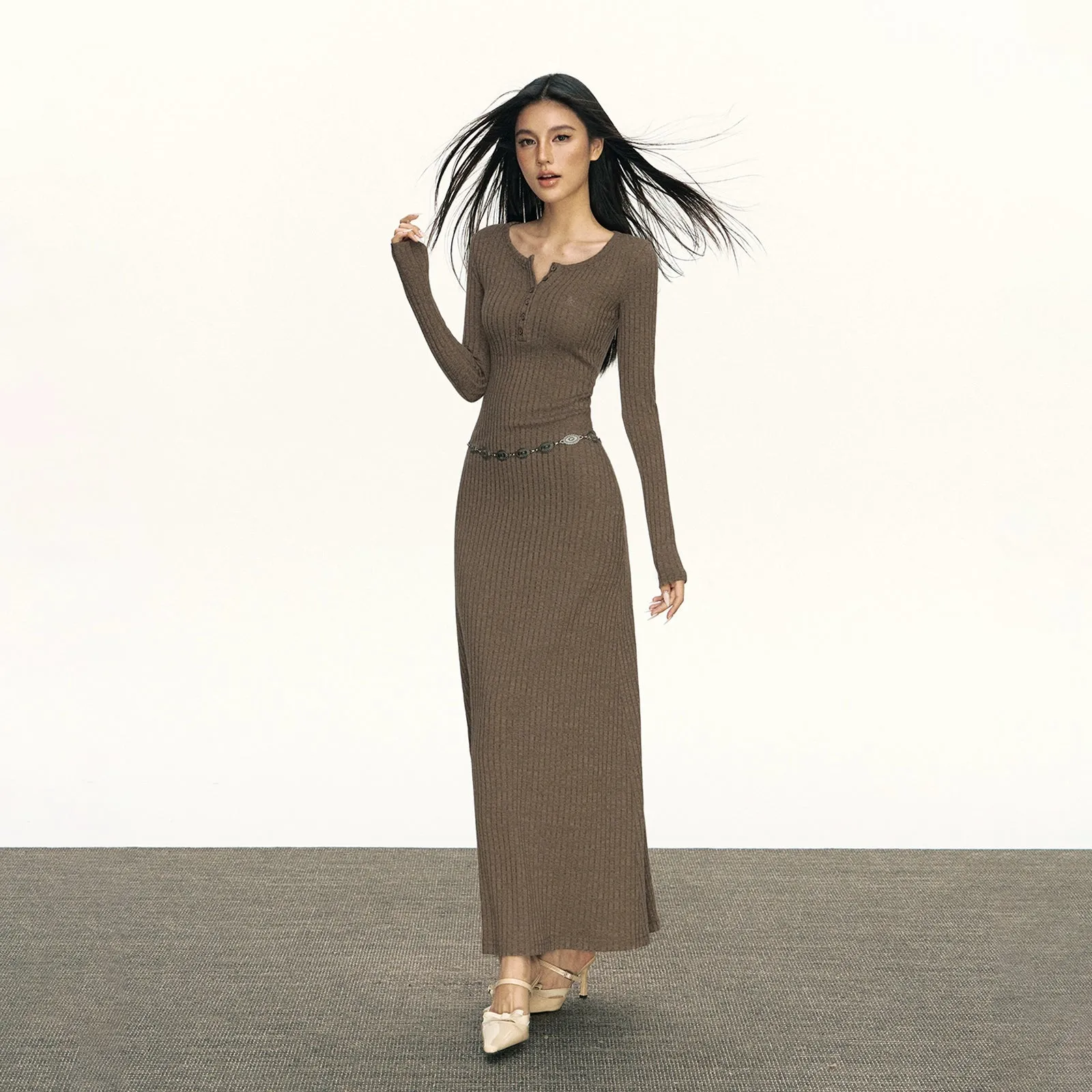 Half Button Long Sleeve Ribbed Maxi Dress