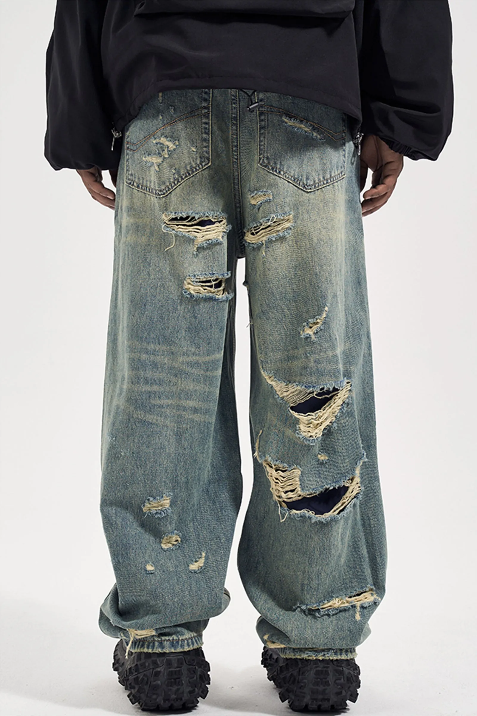 Heavily Distressed Light Wash Wide-Fit Jean Pants