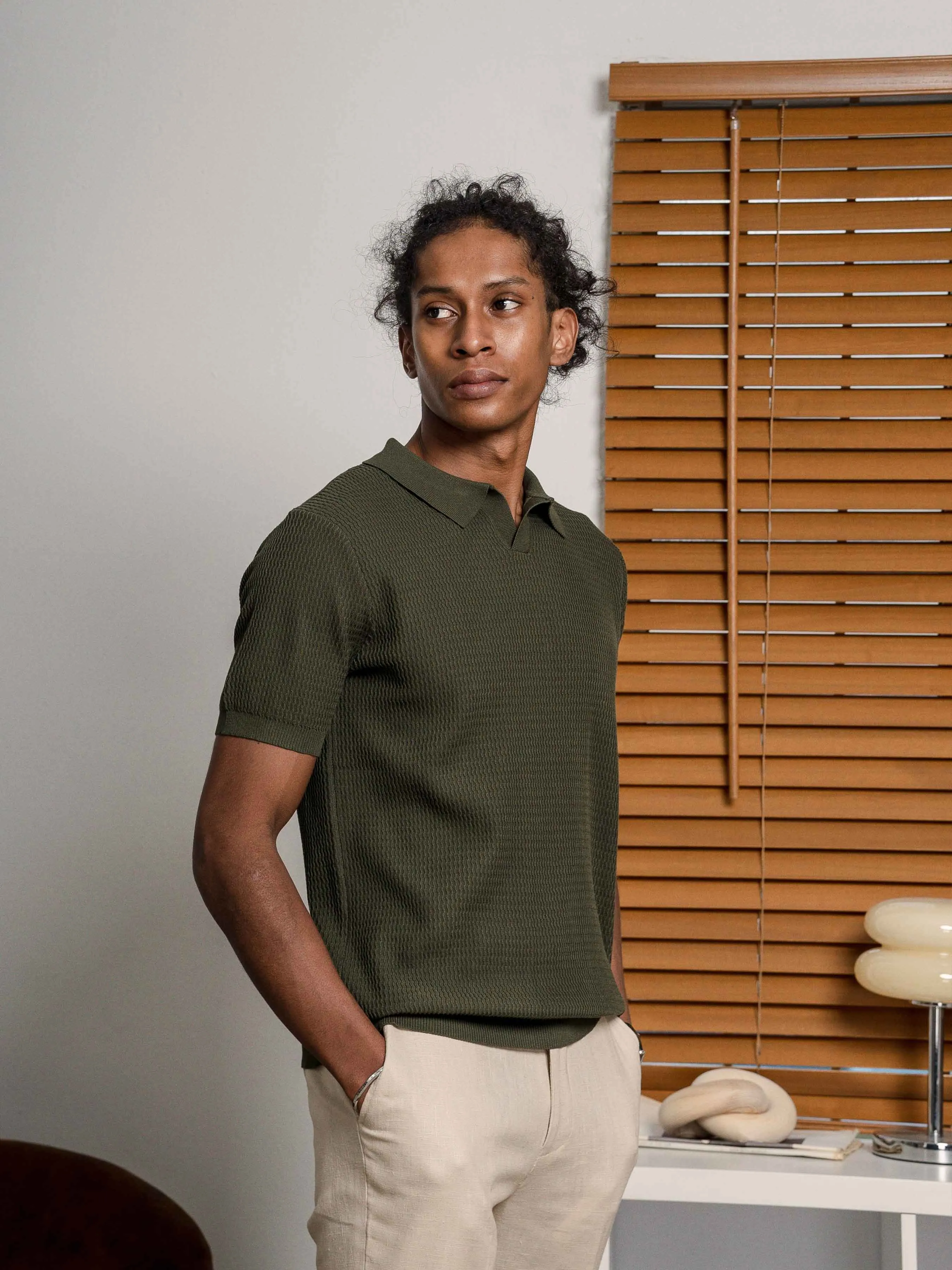 Henri Knit Polo Tee - Olive Green Open Collar