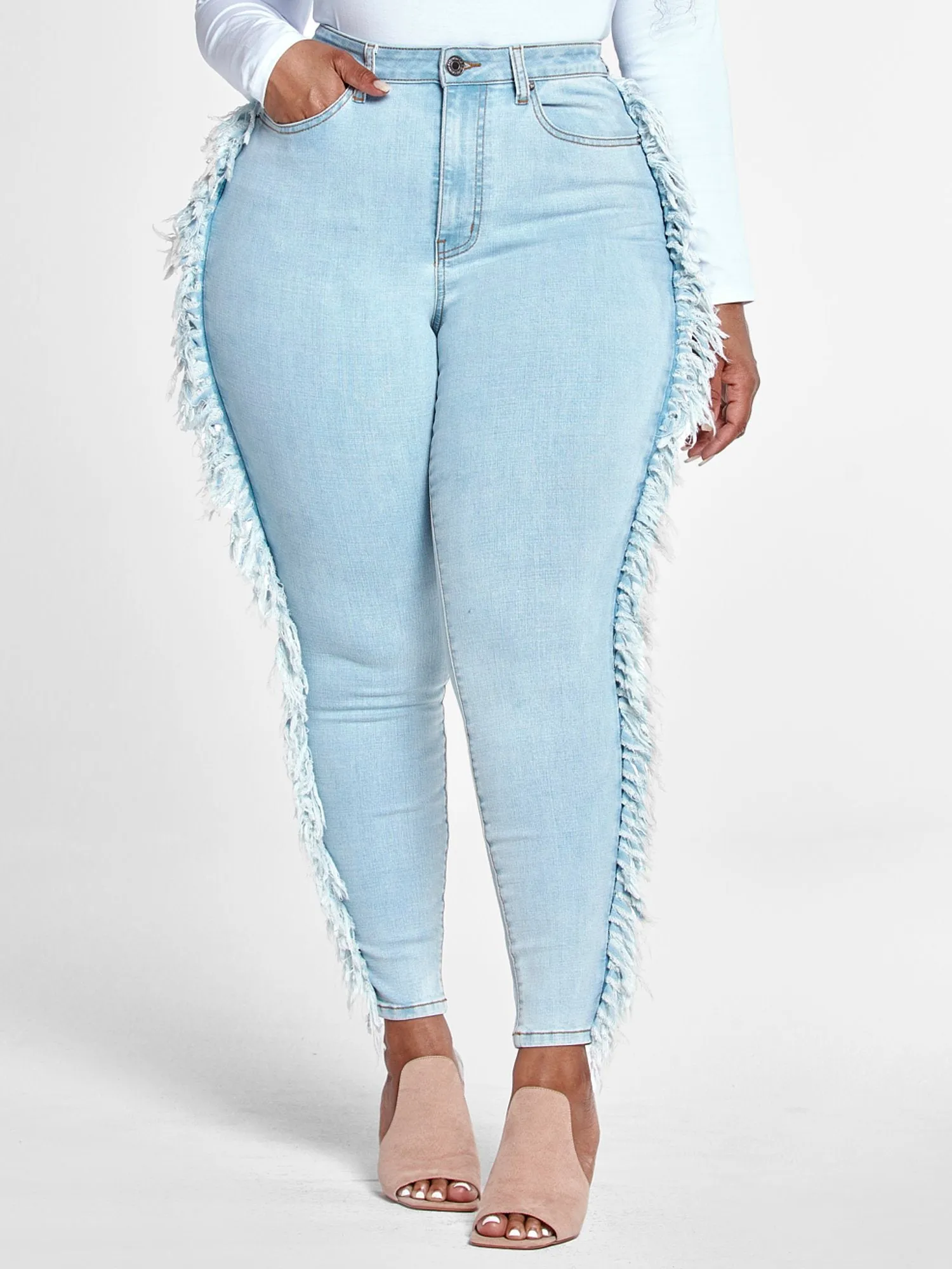 High Rise Ankle Length Skinny Jeans with Side Fringe