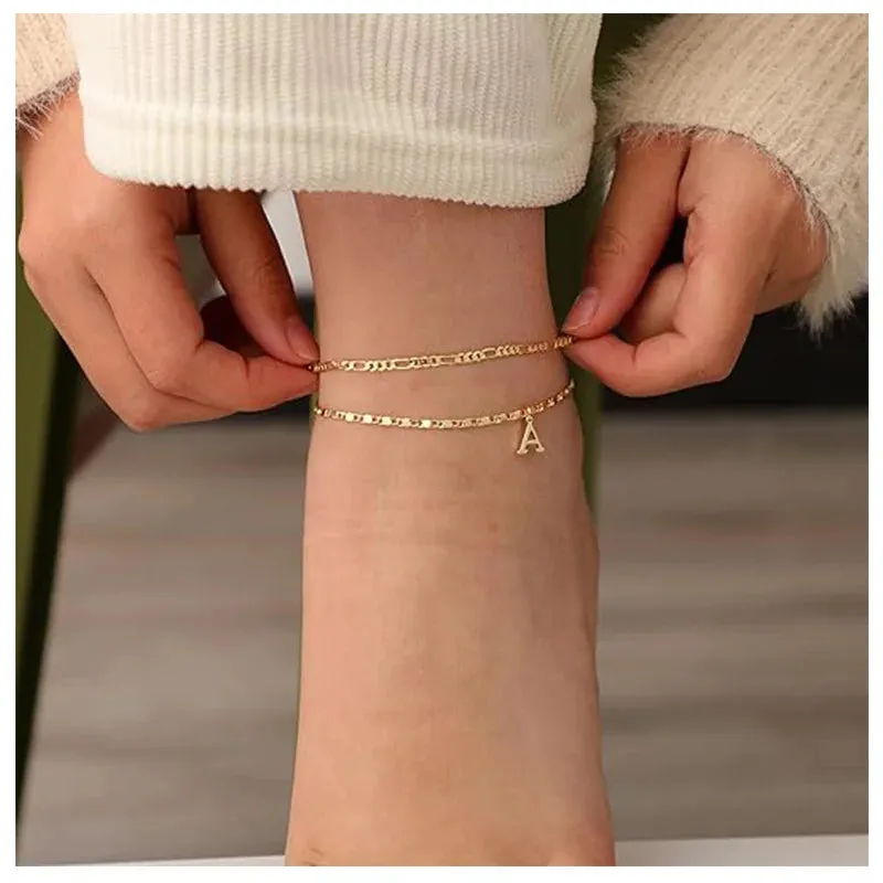 Initial Layered Waterproof Anklet Bracelets on Leg Layering Thin Figaro Letter Anklets Summer Jewelry Gifts for Women Teen Girls