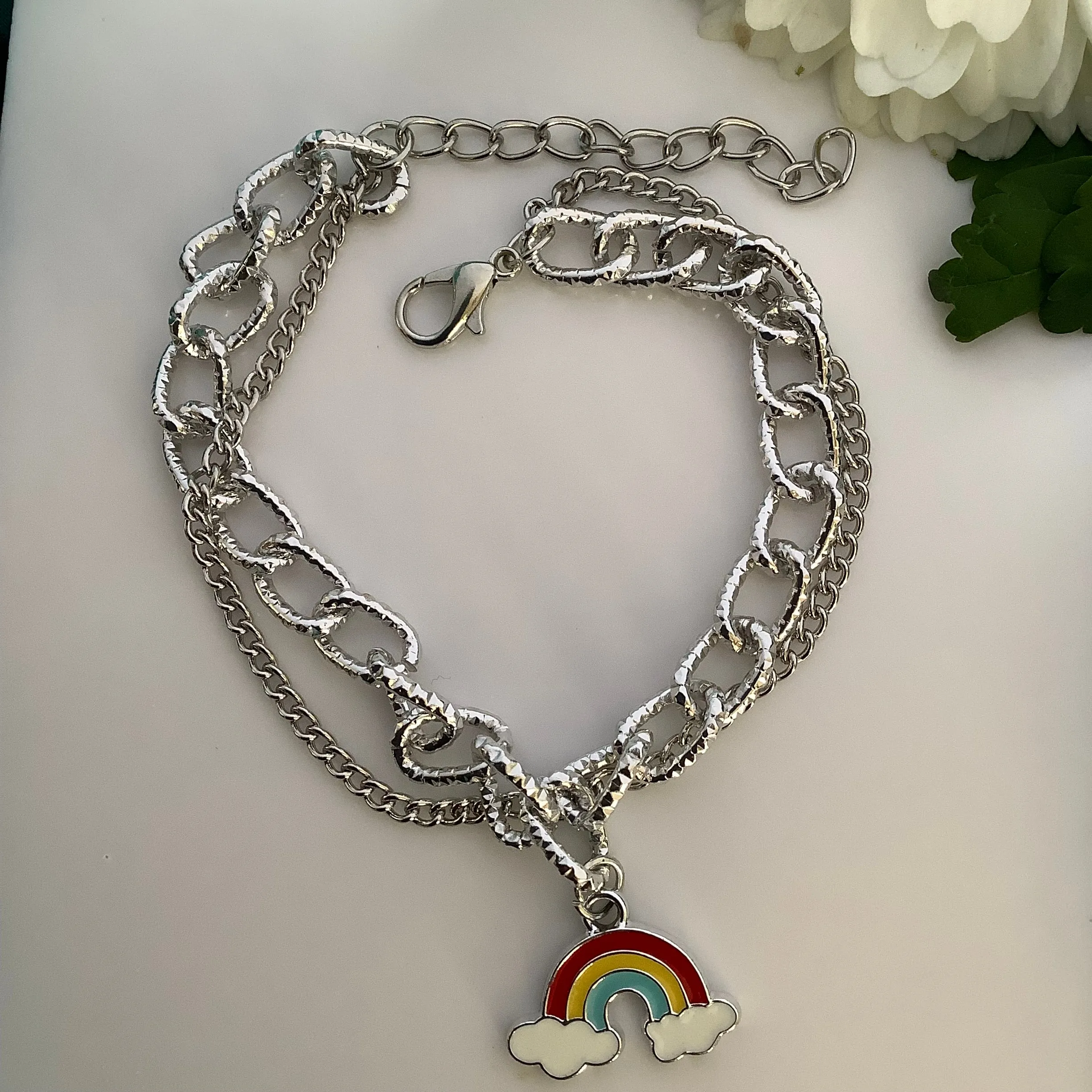 K-POP Fashion Jewellery - Beautiful Silver Charms Bracelet Little Rainbow