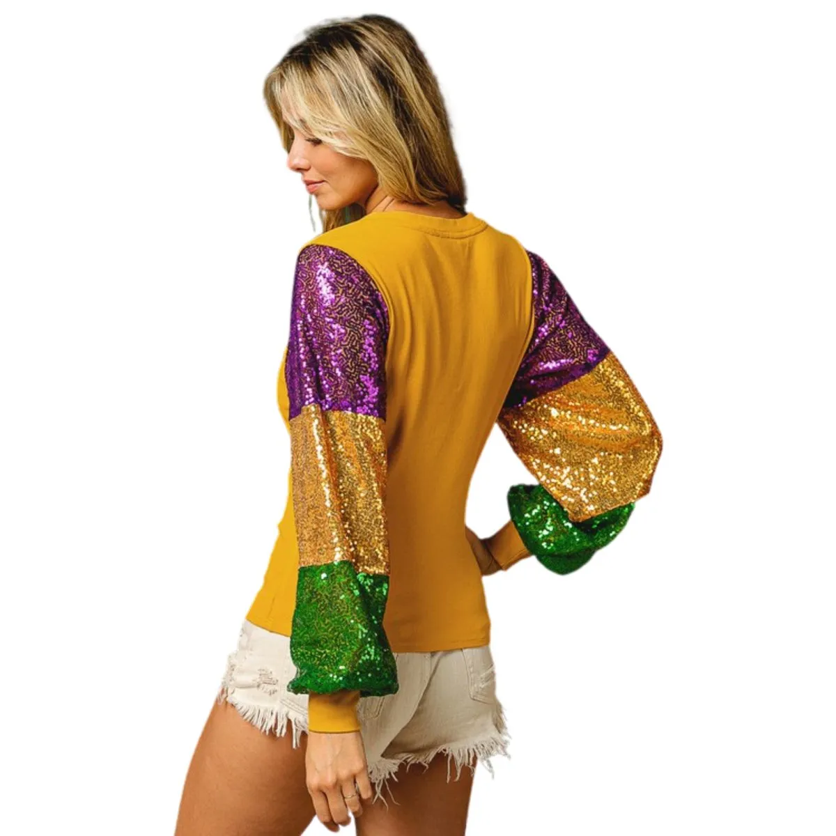 Ladies Mardi Gras Color Block Sequins Sleeve Gold Knit Top