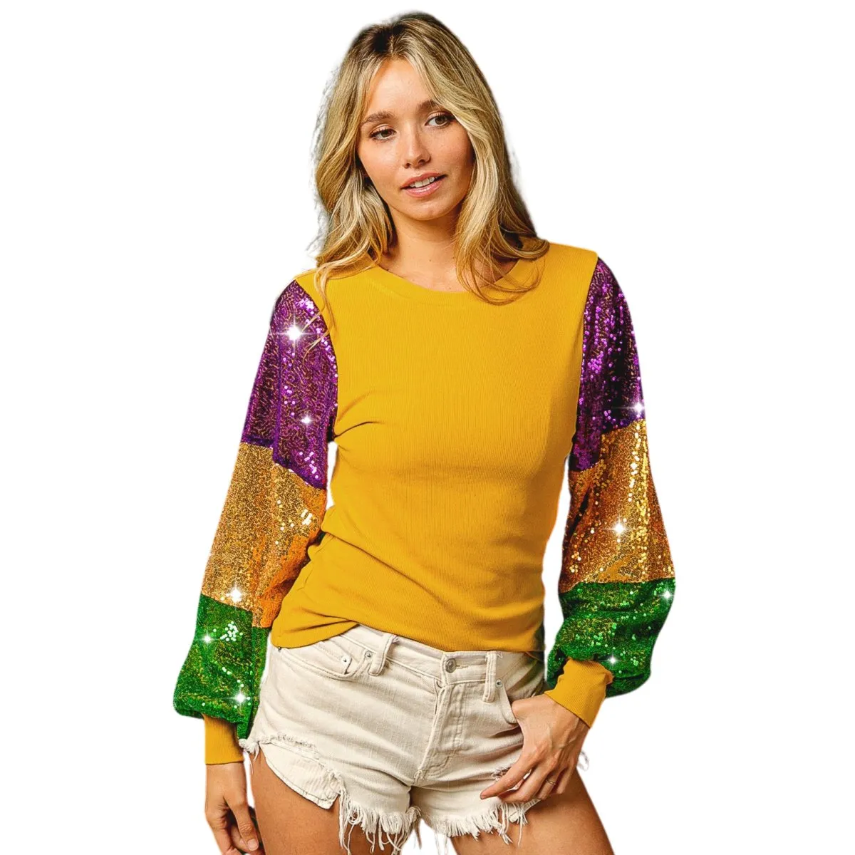 Ladies Mardi Gras Color Block Sequins Sleeve Gold Knit Top