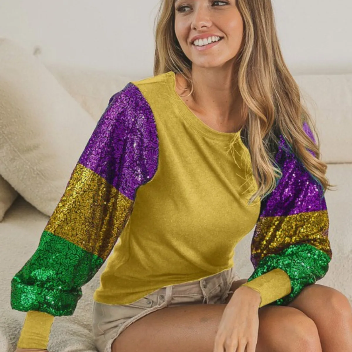 Ladies Mardi Gras Color Block Sequins Sleeve Gold Knit Top