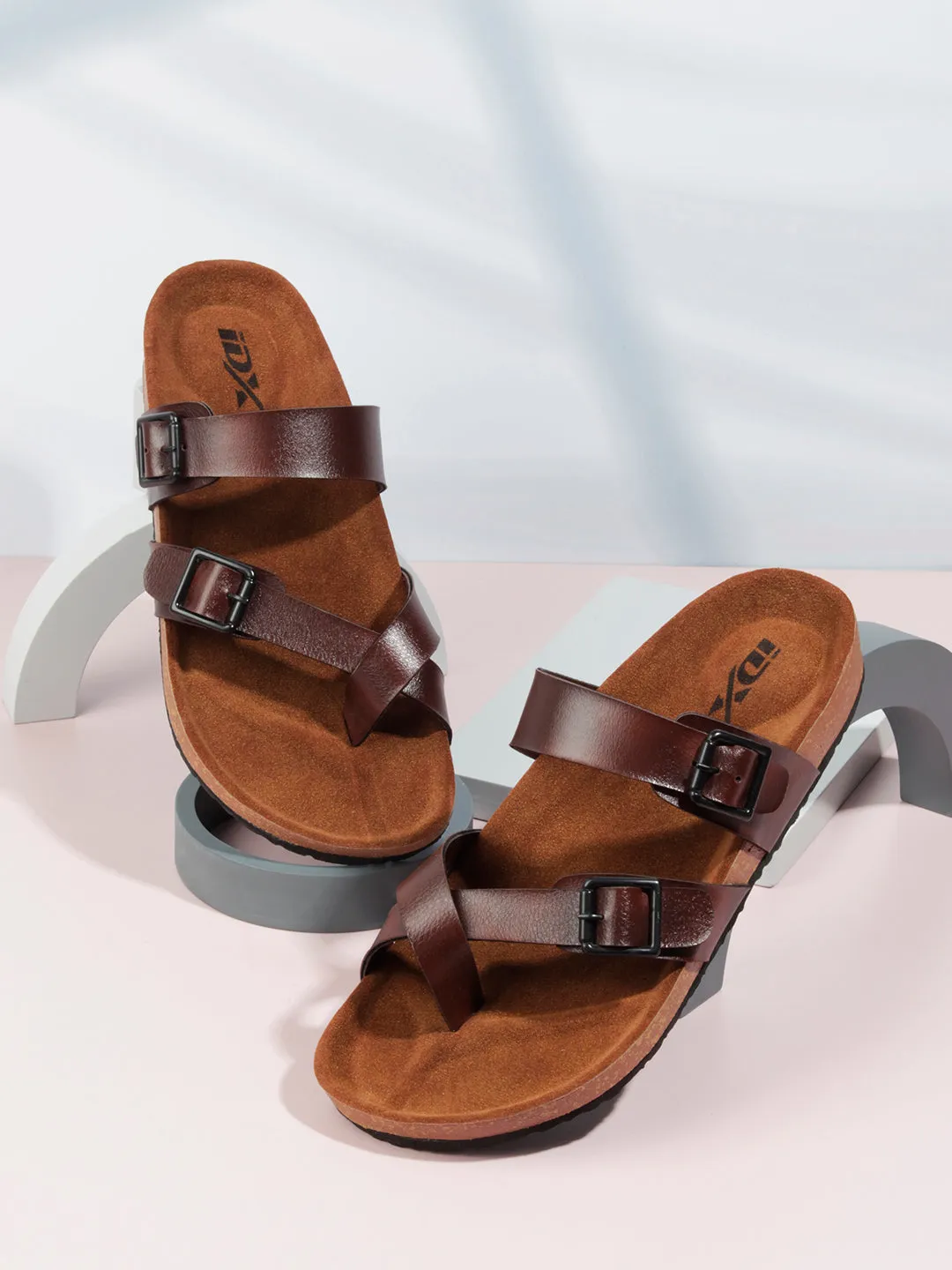 Men's Brown Double Band Strap Comfort Sandals (IX5012)