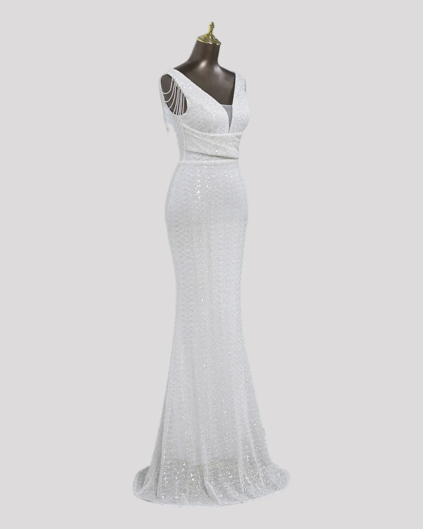 Mermaid Sequin Dress with Pleating detail over waist and Beaded illusion Sleeves