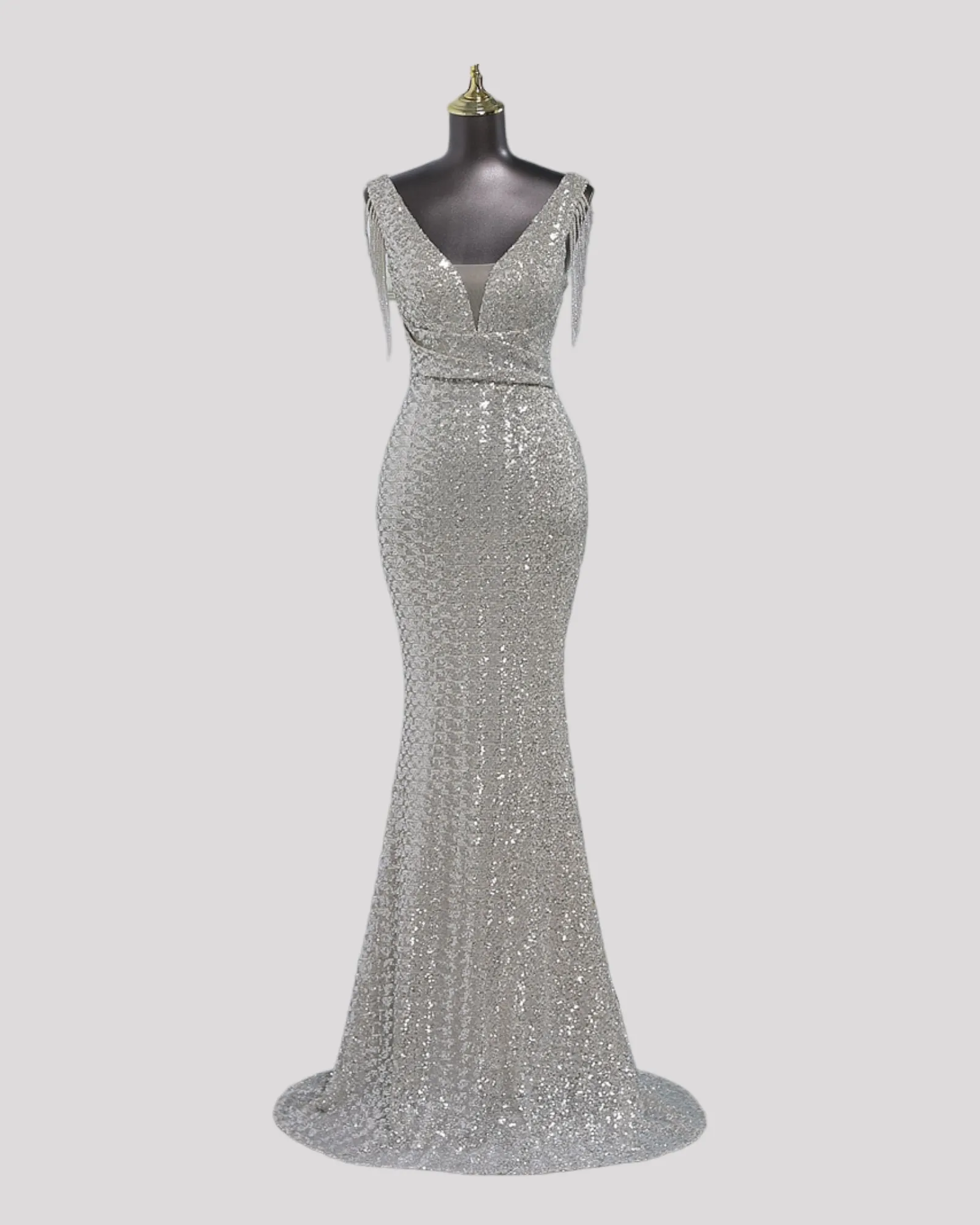 Mermaid Sequin Dress with Pleating detail over waist and Beaded illusion Sleeves