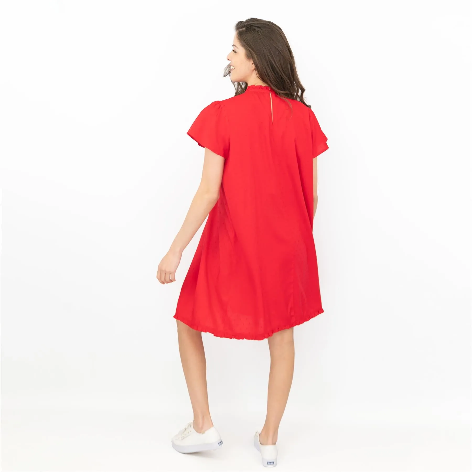 Next Textured Red Shirred Details Lightweight Relaxed Fit Knee Length Dress