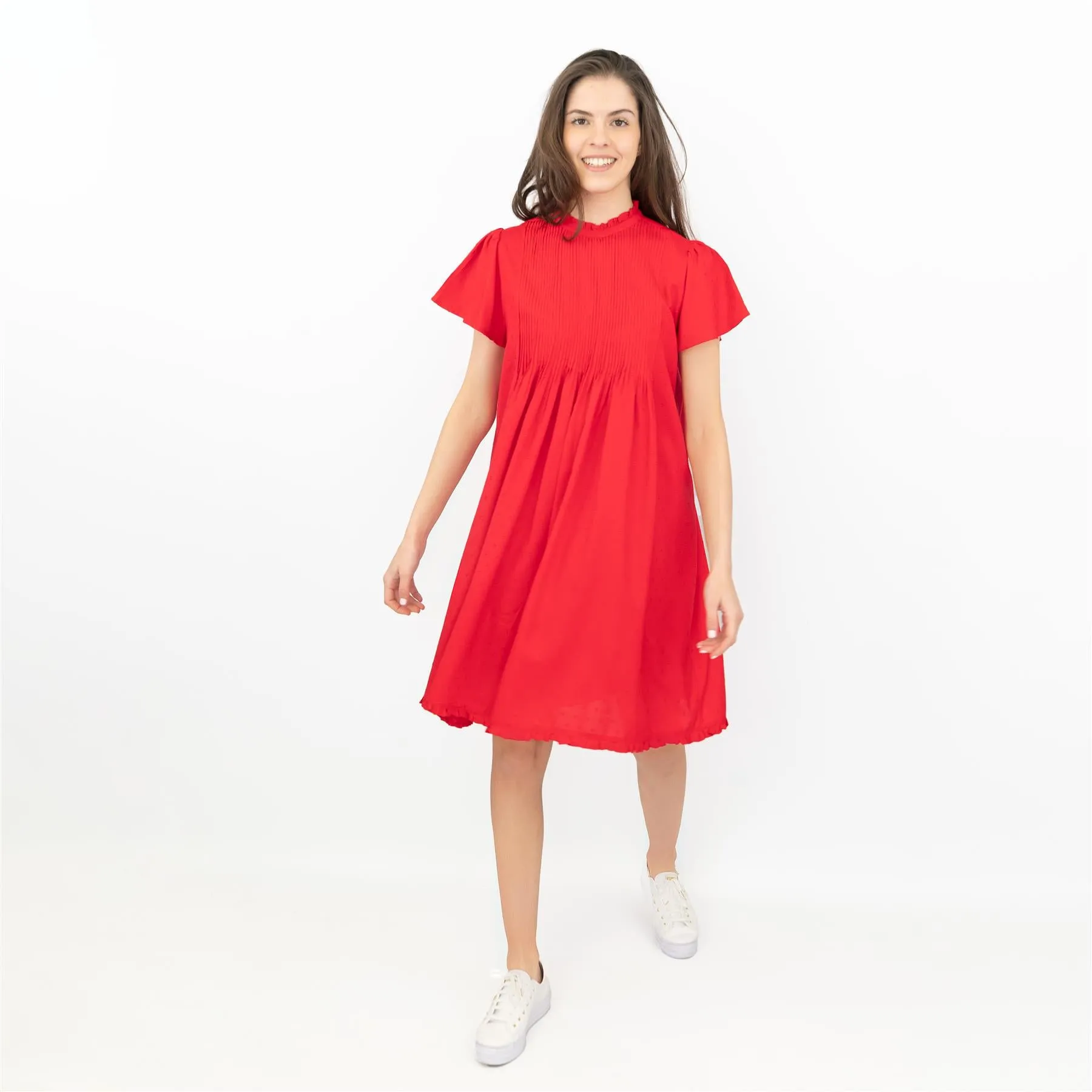 Next Textured Red Shirred Details Lightweight Relaxed Fit Knee Length Dress