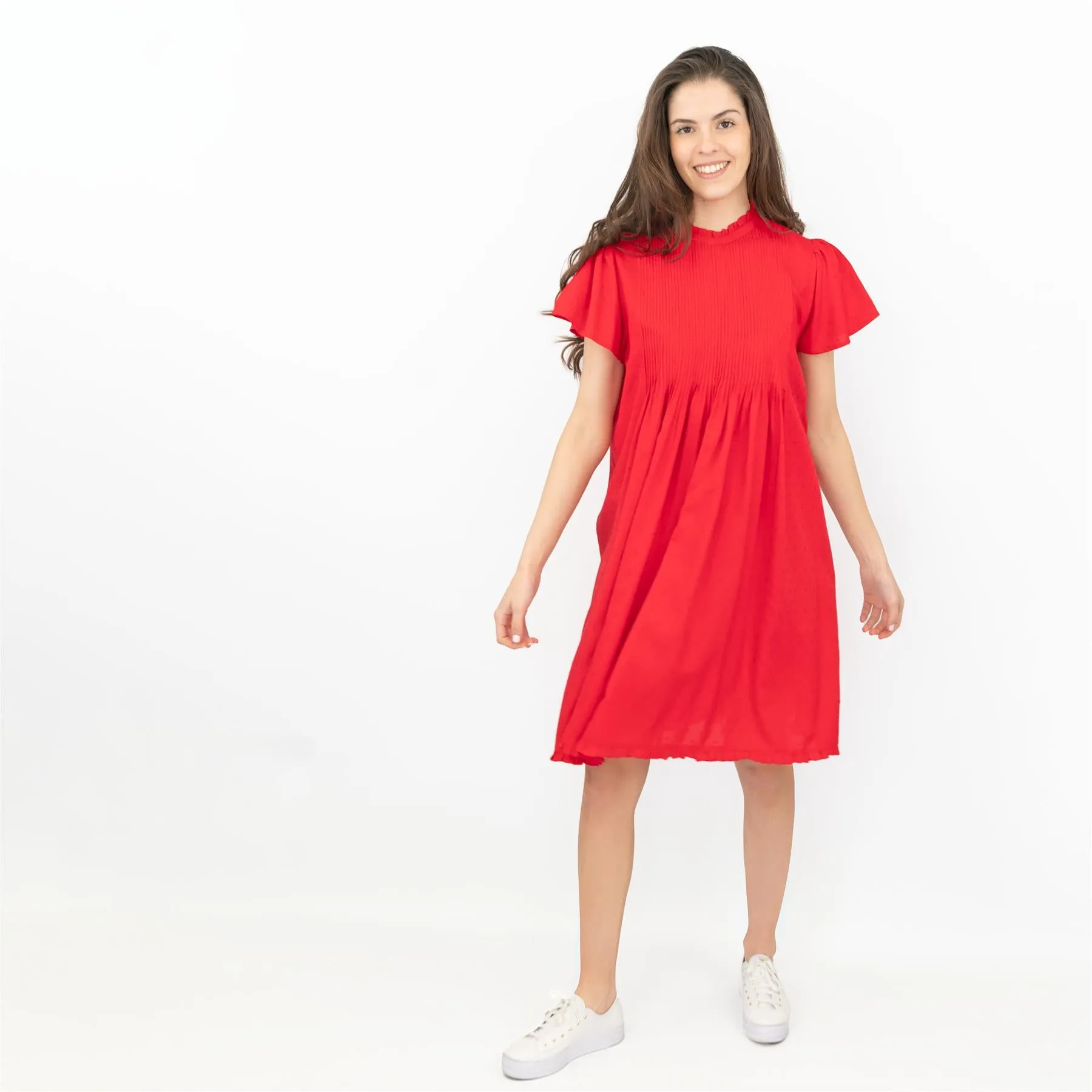 Next Textured Red Shirred Details Lightweight Relaxed Fit Knee Length Dress