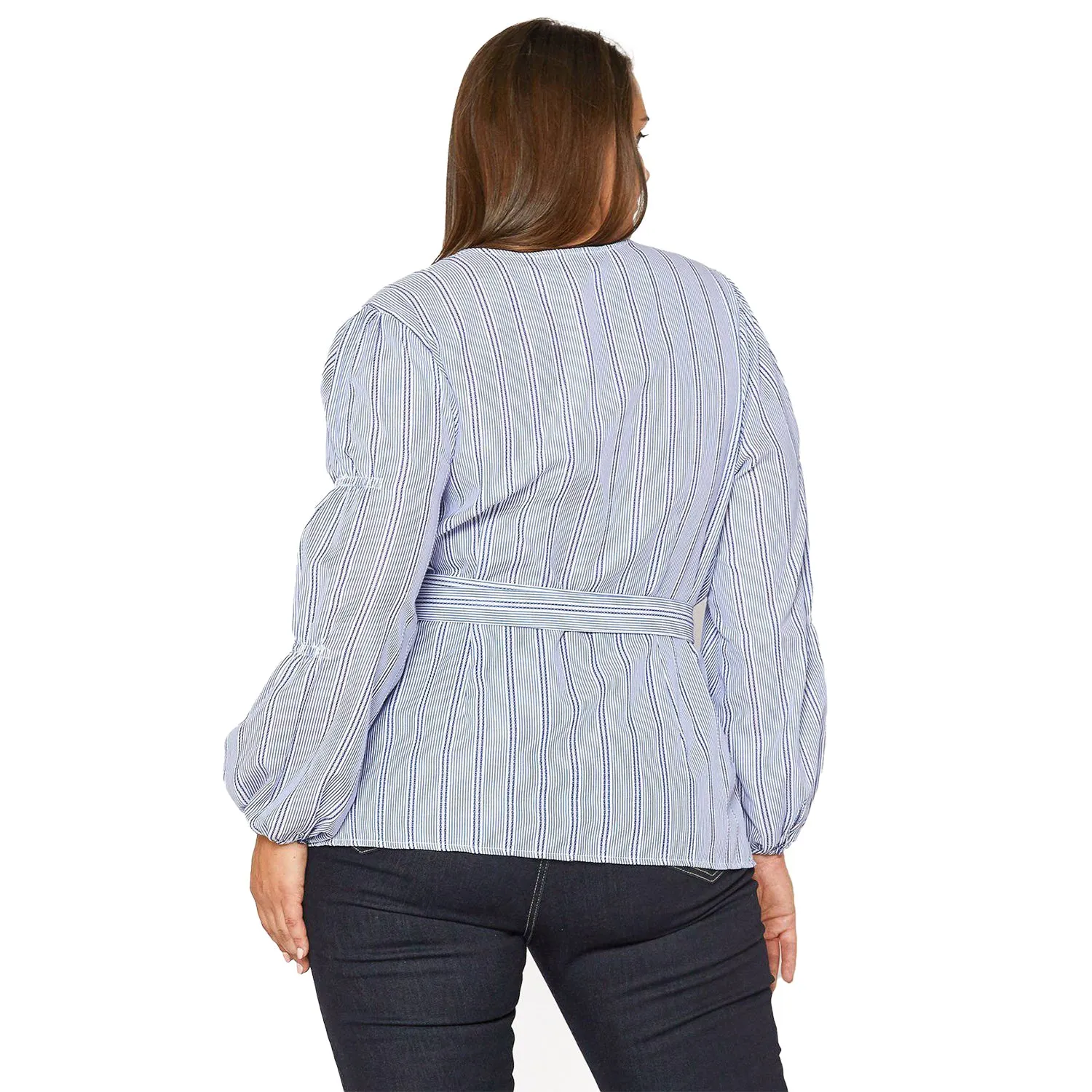 Plus Size Stripe Wrap Blouse in Blue