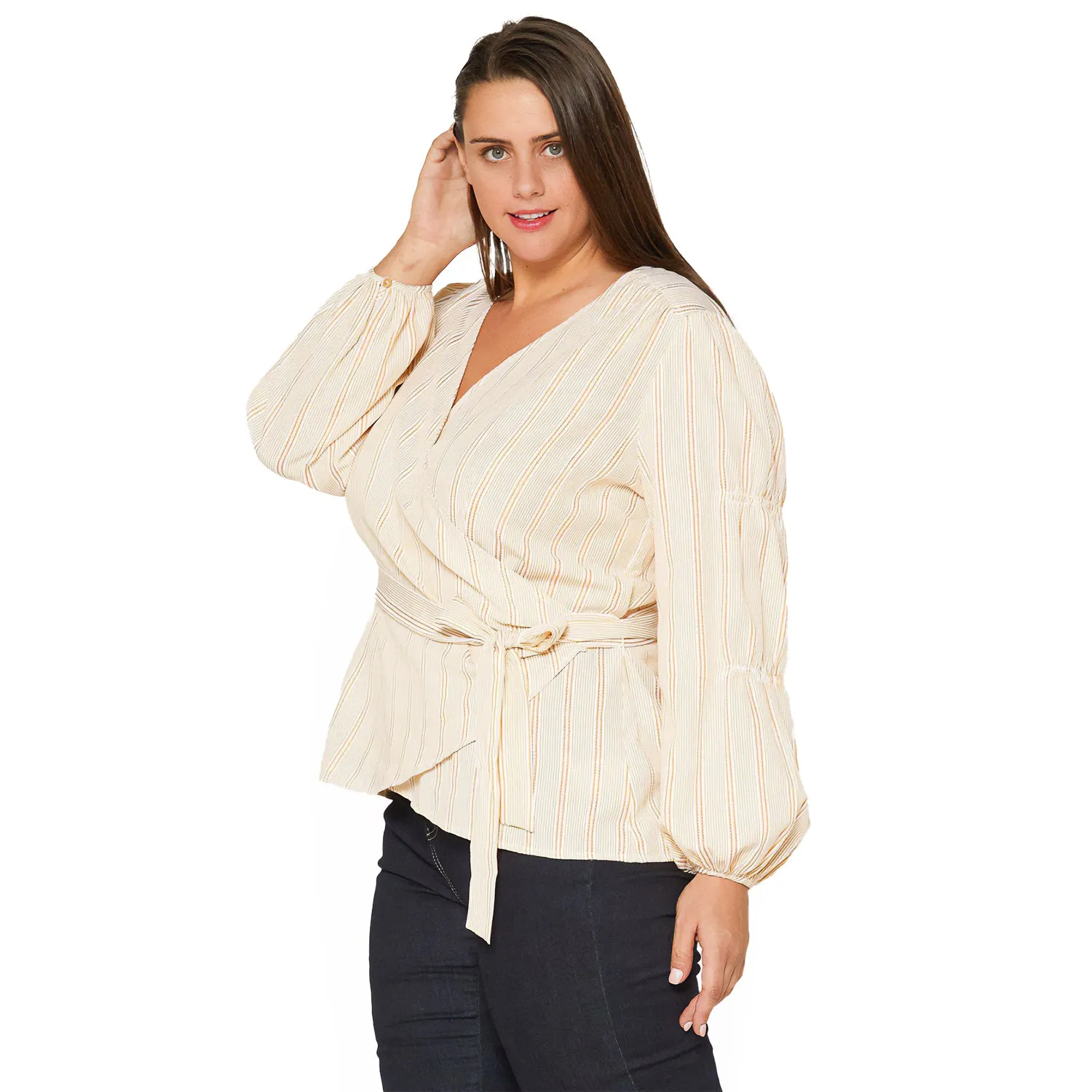 Plus Size Stripe Wrap Blouse In Yellow