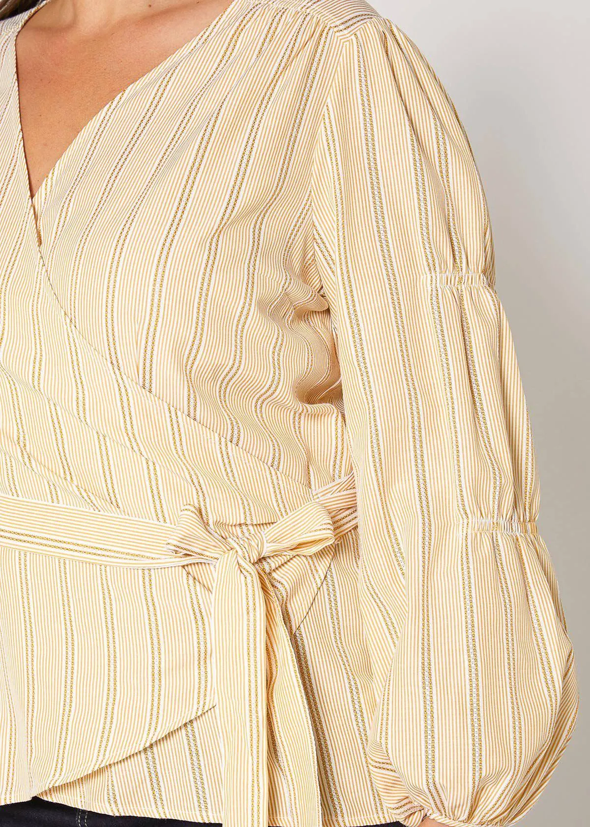 Plus Size Stripe Wrap Blouse In Yellow