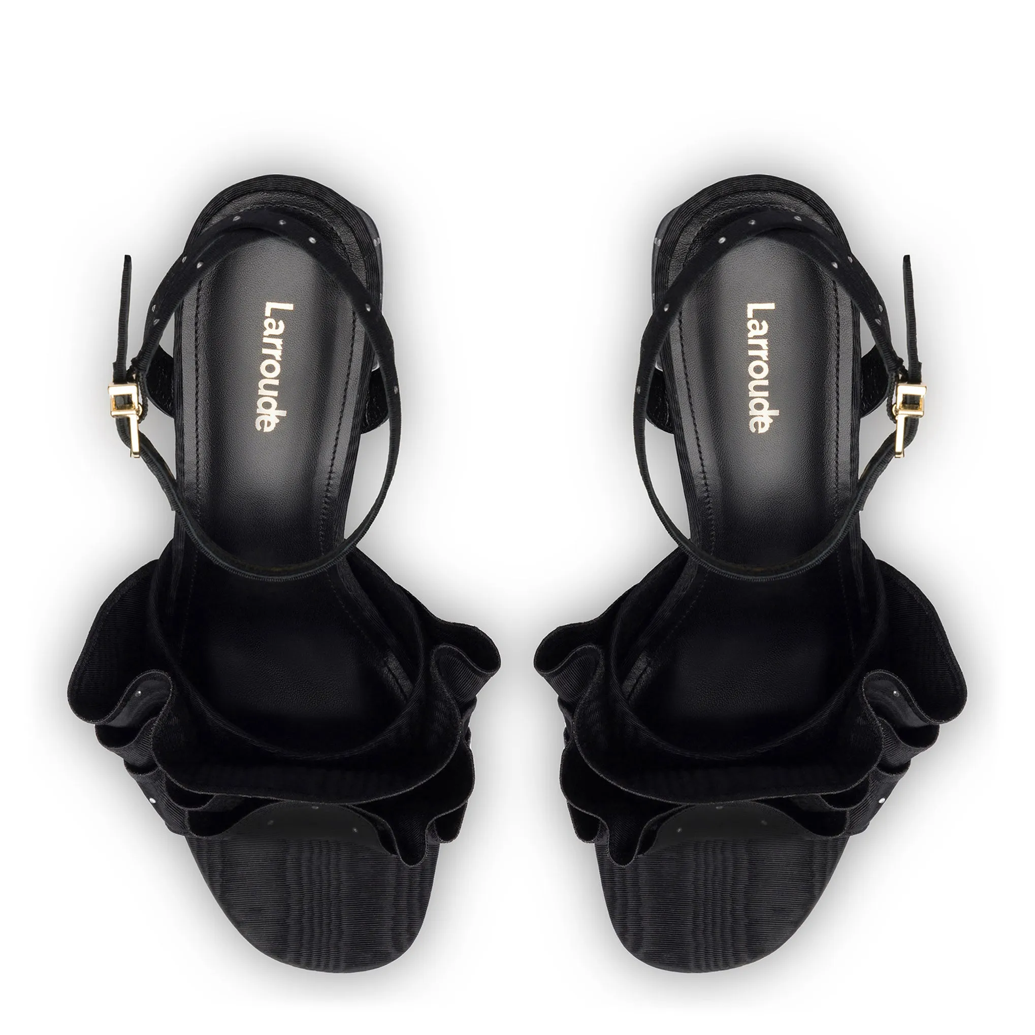 Selena Ruffle Sandal In Black Fabric and Crystals