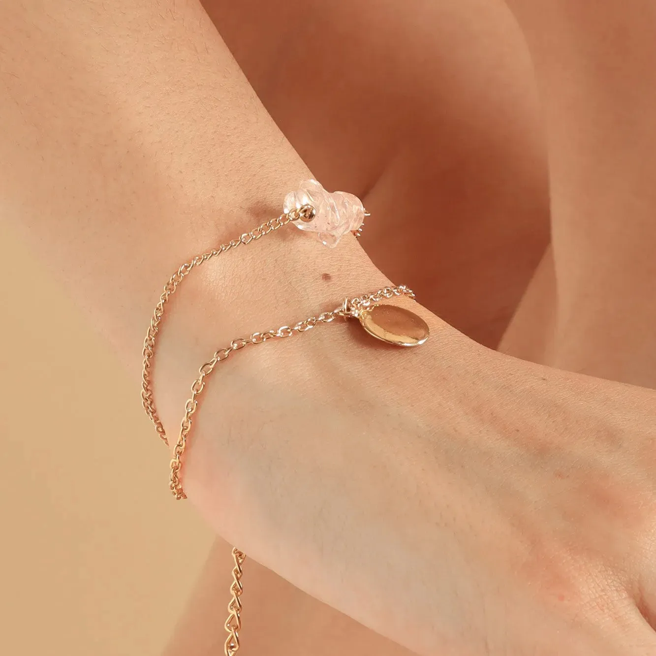 TFC Rose Quartz Stone Gold Plated Stacked Bracelet