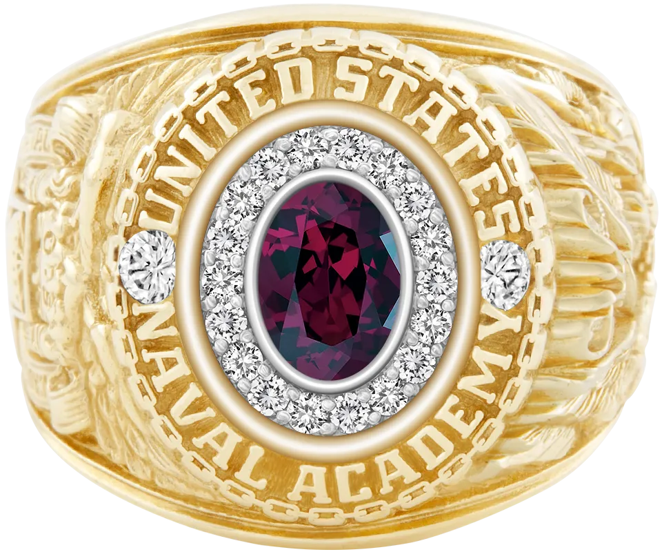 USNA Class Ring Mod™ with Rhodolite Garnet Centerpiece and Diamond Dividers