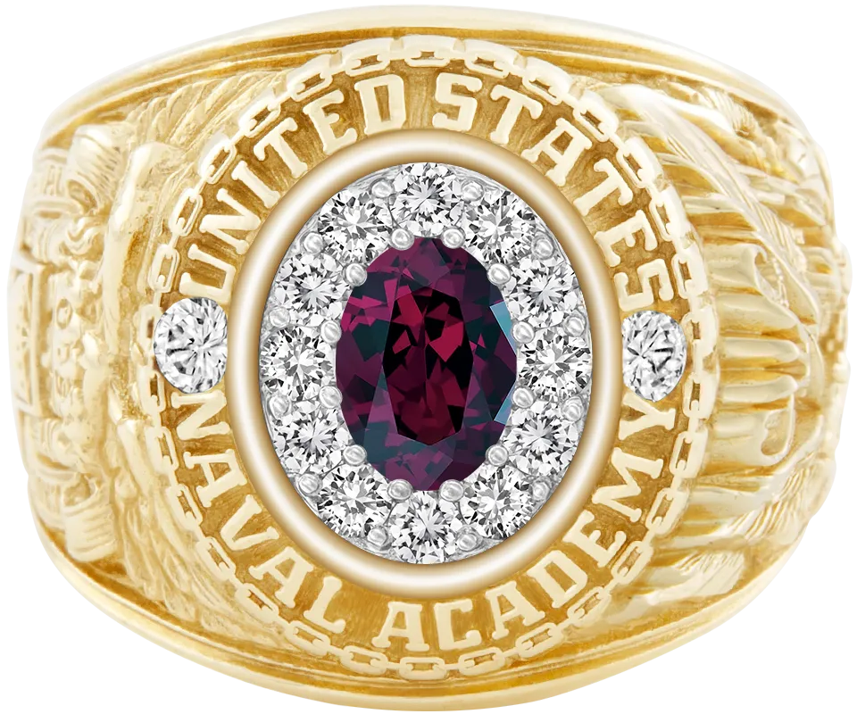 USNA Class Ring Mod™ with Rhodolite Garnet Centerpiece and Diamond Dividers