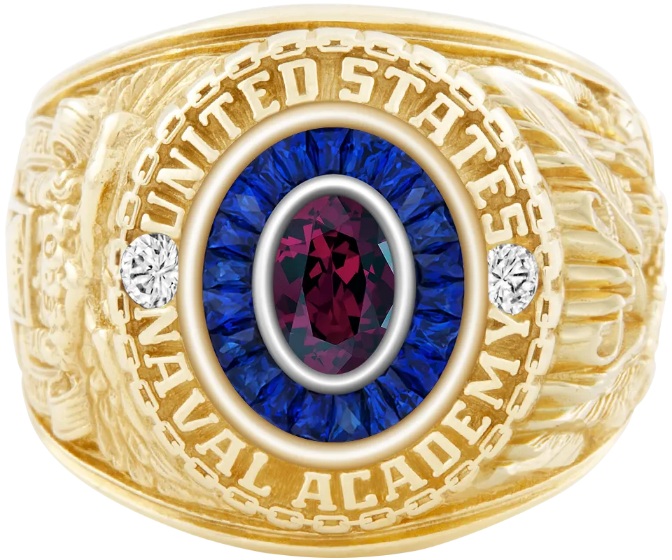 USNA Class Ring Mod™ with Rhodolite Garnet Centerpiece and Diamond Dividers