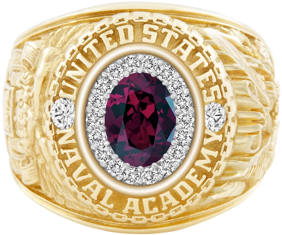 USNA Class Ring Mod™ with Rhodolite Garnet Centerpiece and Diamond Dividers