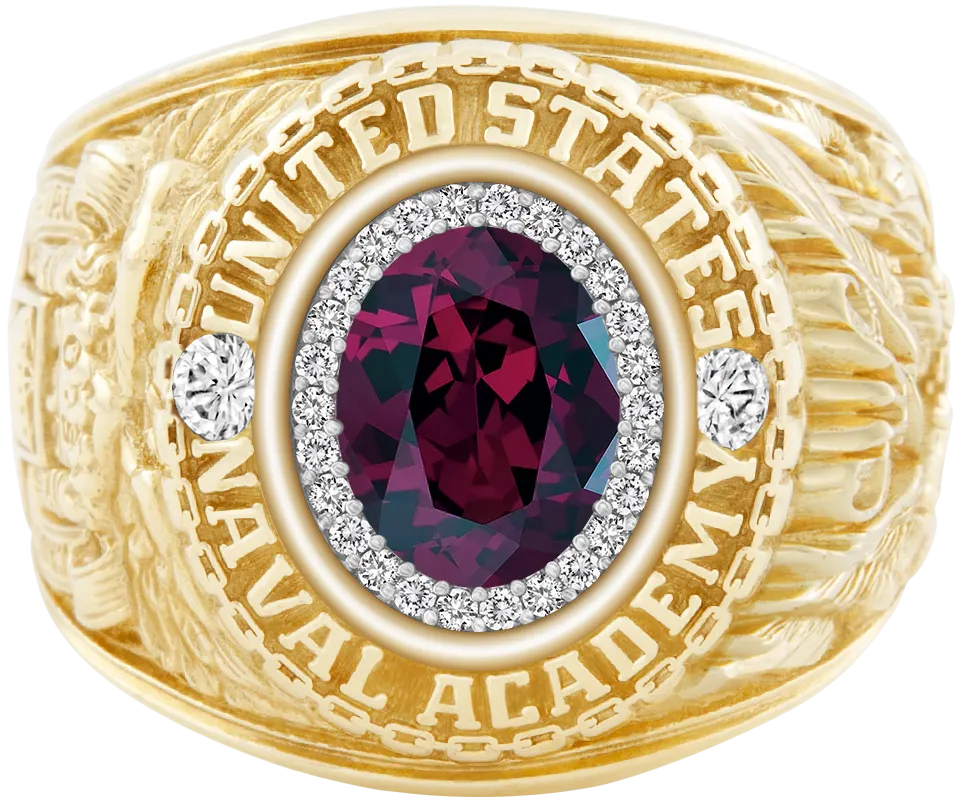 USNA Class Ring Mod™ with Rhodolite Garnet Centerpiece and Diamond Dividers